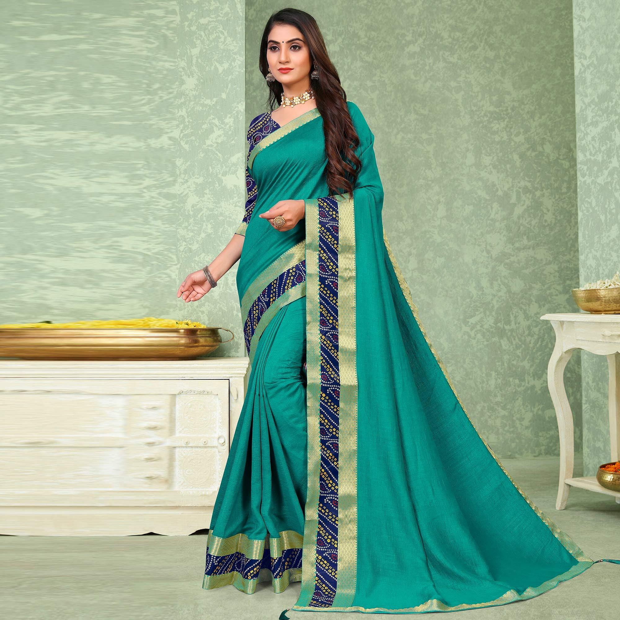 Turquoise Festive Wear Solid Vichitra Silk Saree - Peachmode