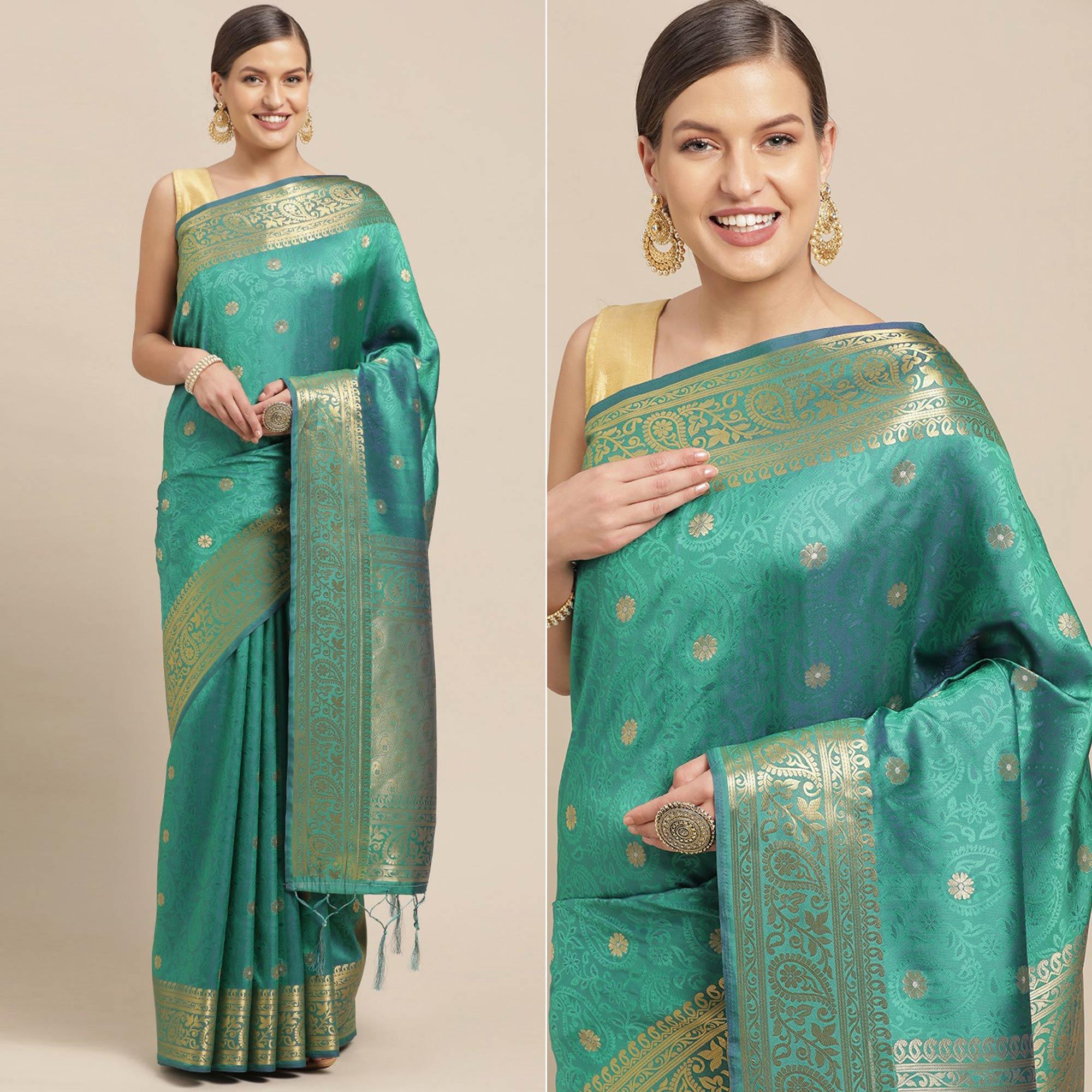 Turquoise Festive Wear Weaving Banarasi Silk Saree - Peachmode