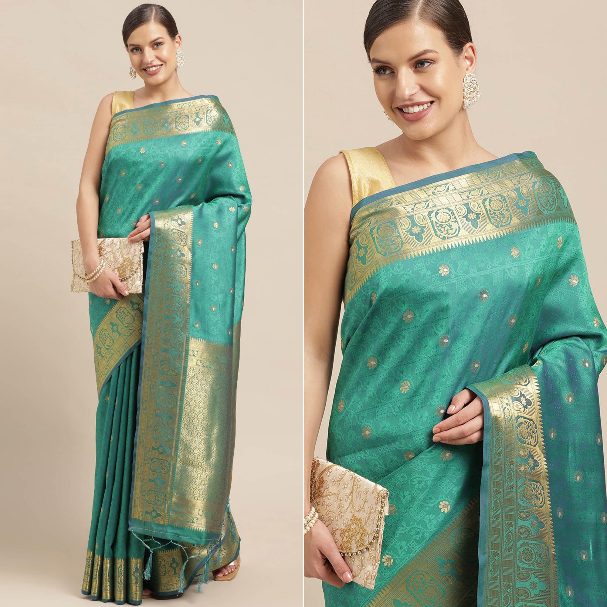 Turquoise Festive Wear Weaving Banarasi Silk Saree - Peachmode