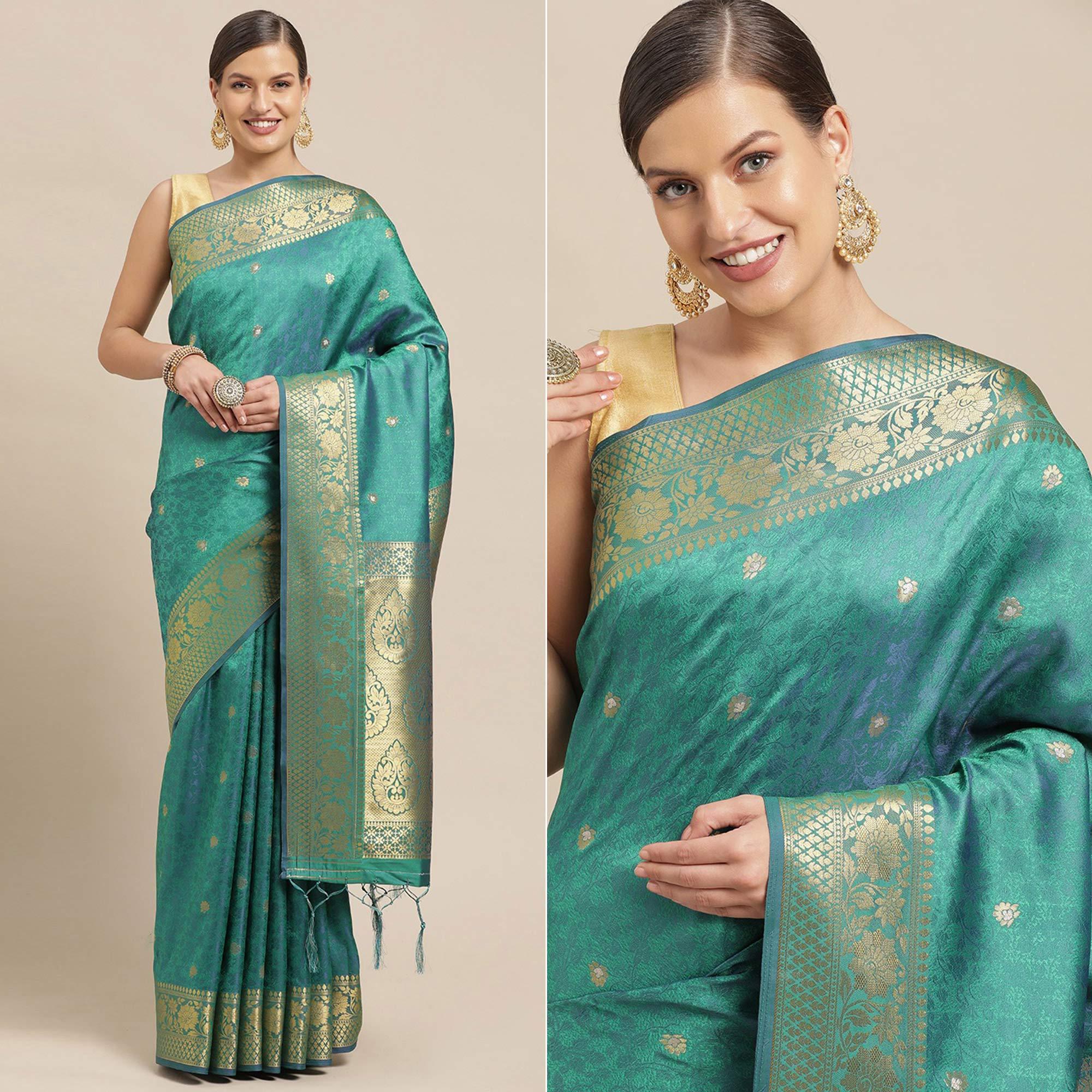 Turquoise Festive Wear Weaving Banarasi Silk Saree - Peachmode