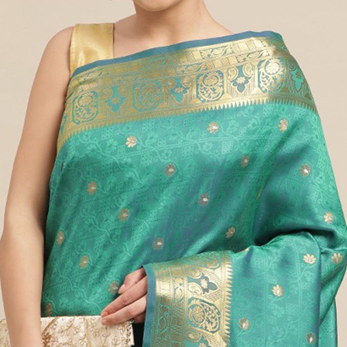 Turquoise Festive Wear Weaving Banarasi Silk Saree - Peachmode
