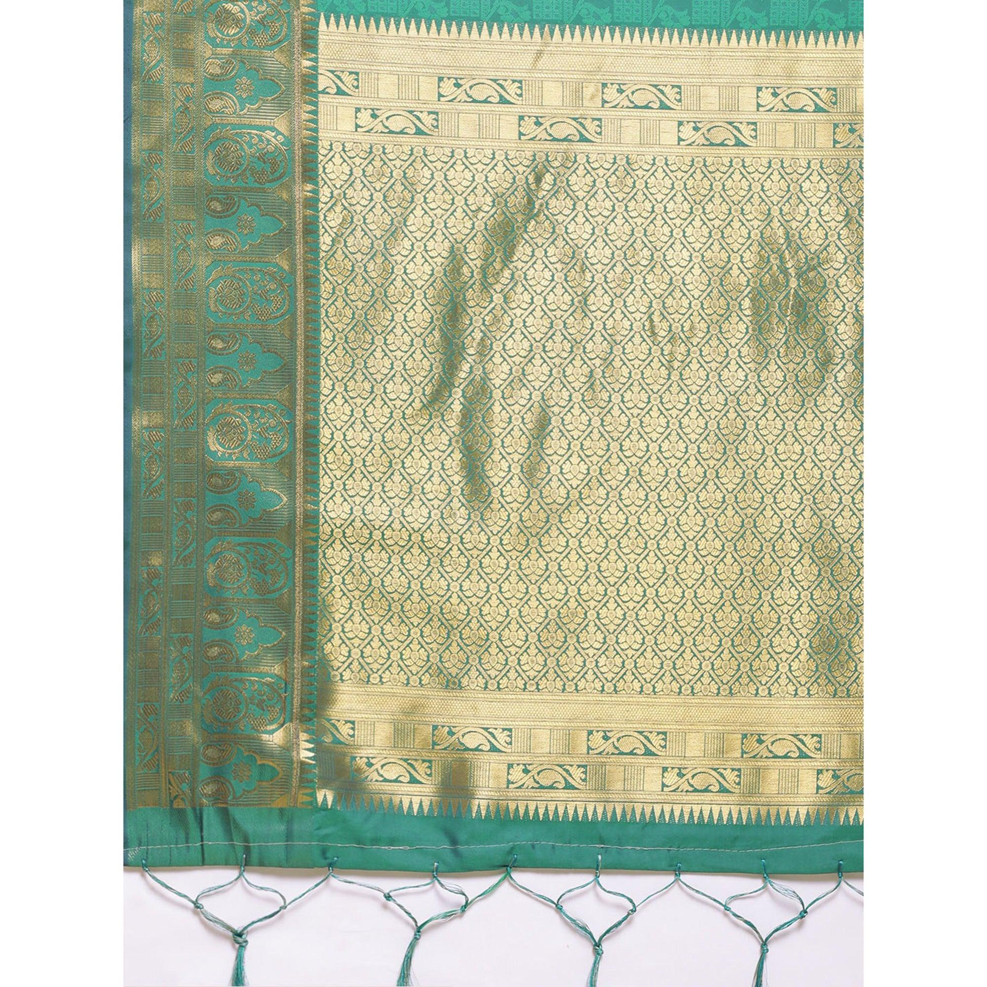 Turquoise Festive Wear Weaving Banarasi Silk Saree - Peachmode