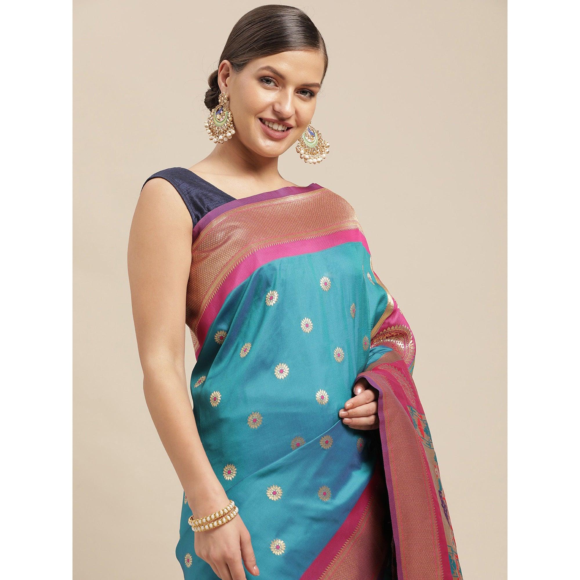 Turquoise Festive Wear Weaving Banarasi Silk Saree - Peachmode