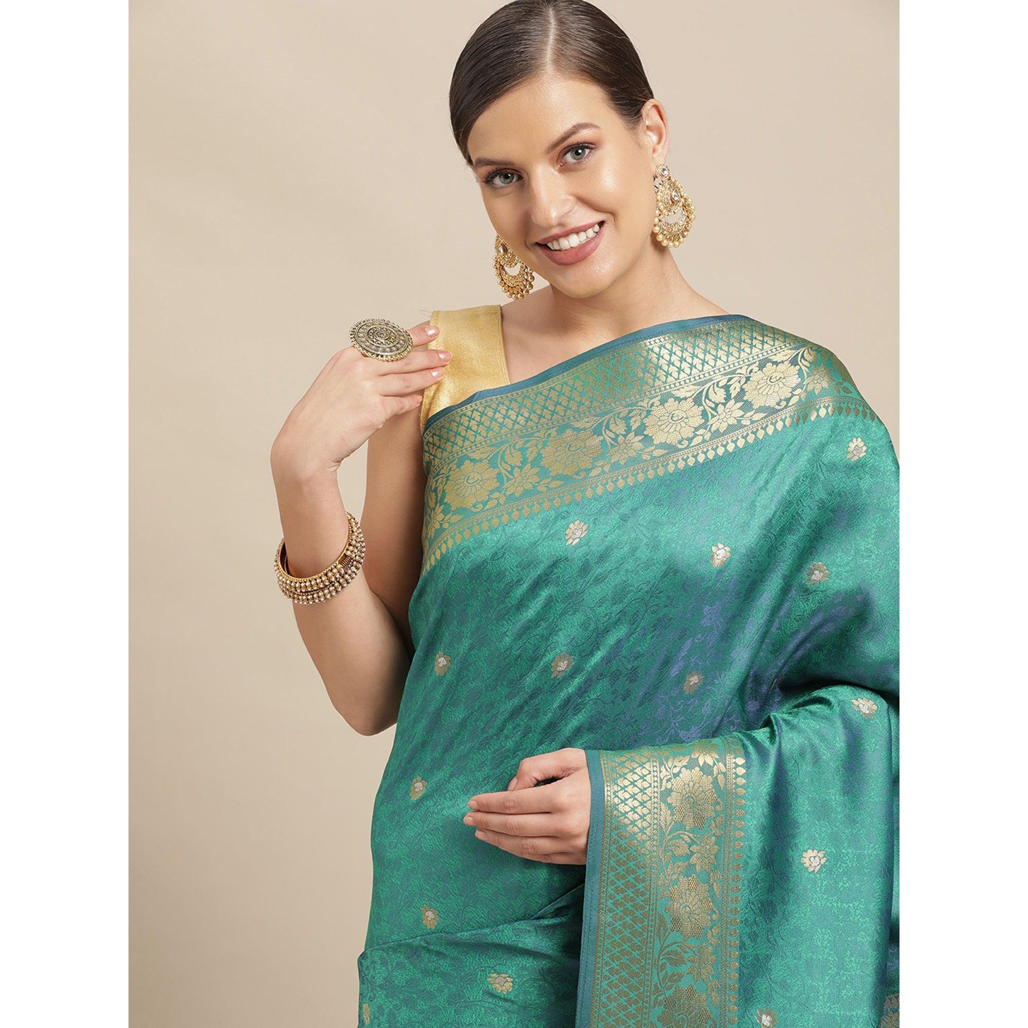 Turquoise Festive Wear Weaving Banarasi Silk Saree - Peachmode