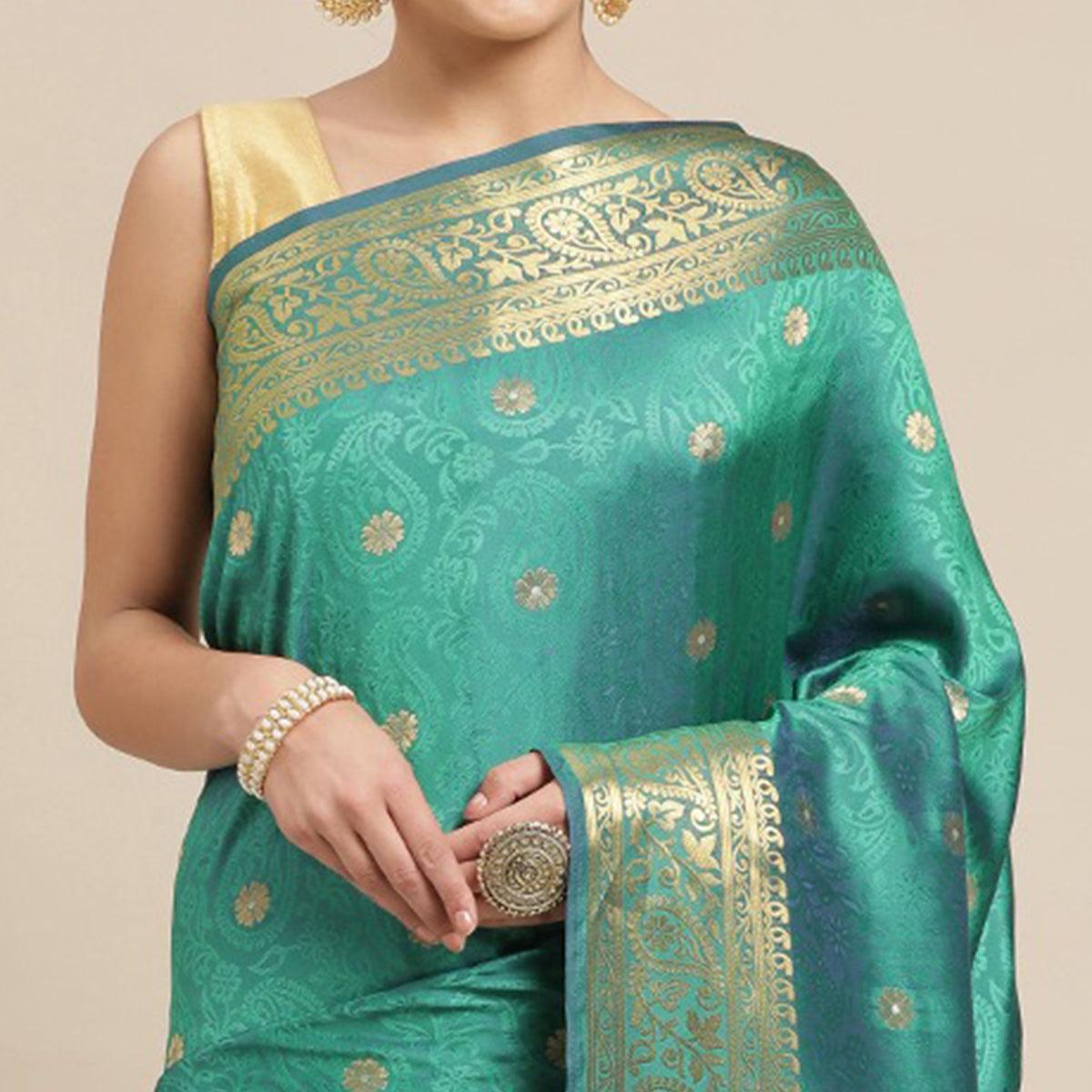 Turquoise Festive Wear Weaving Banarasi Silk Saree - Peachmode