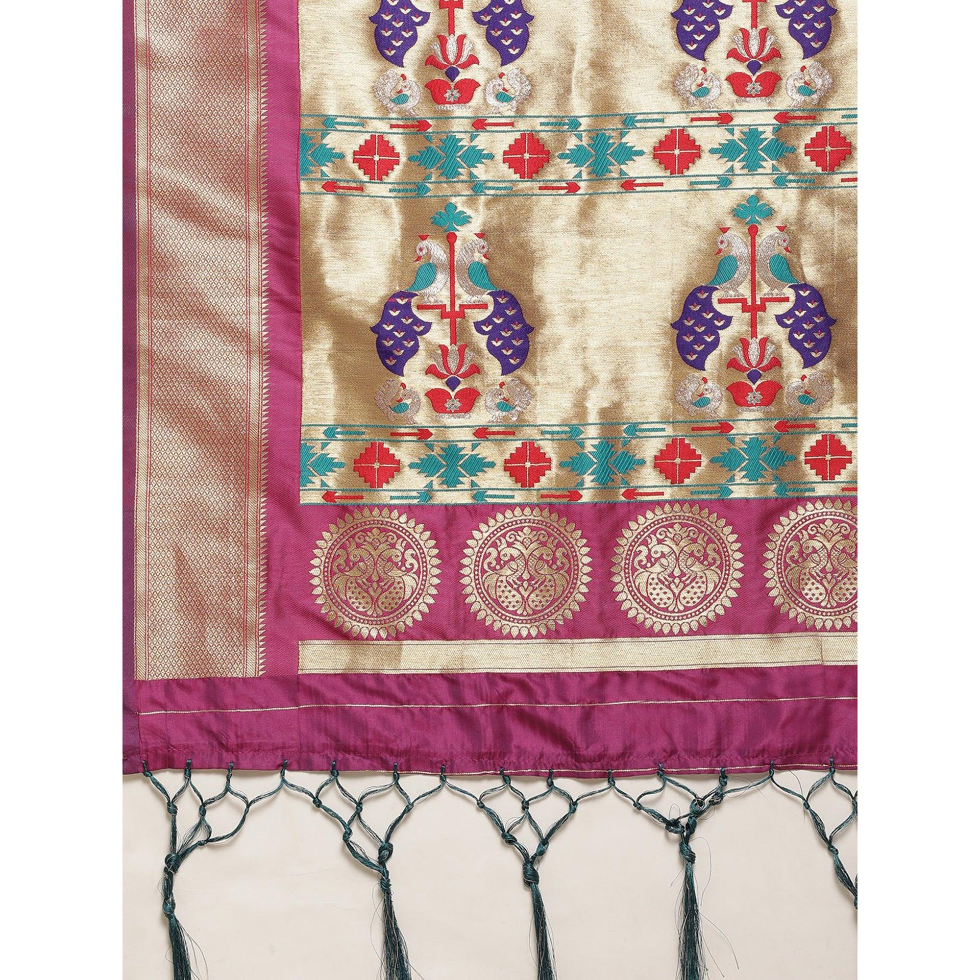 Turquoise Festive Wear Weaving Banarasi Silk Saree - Peachmode