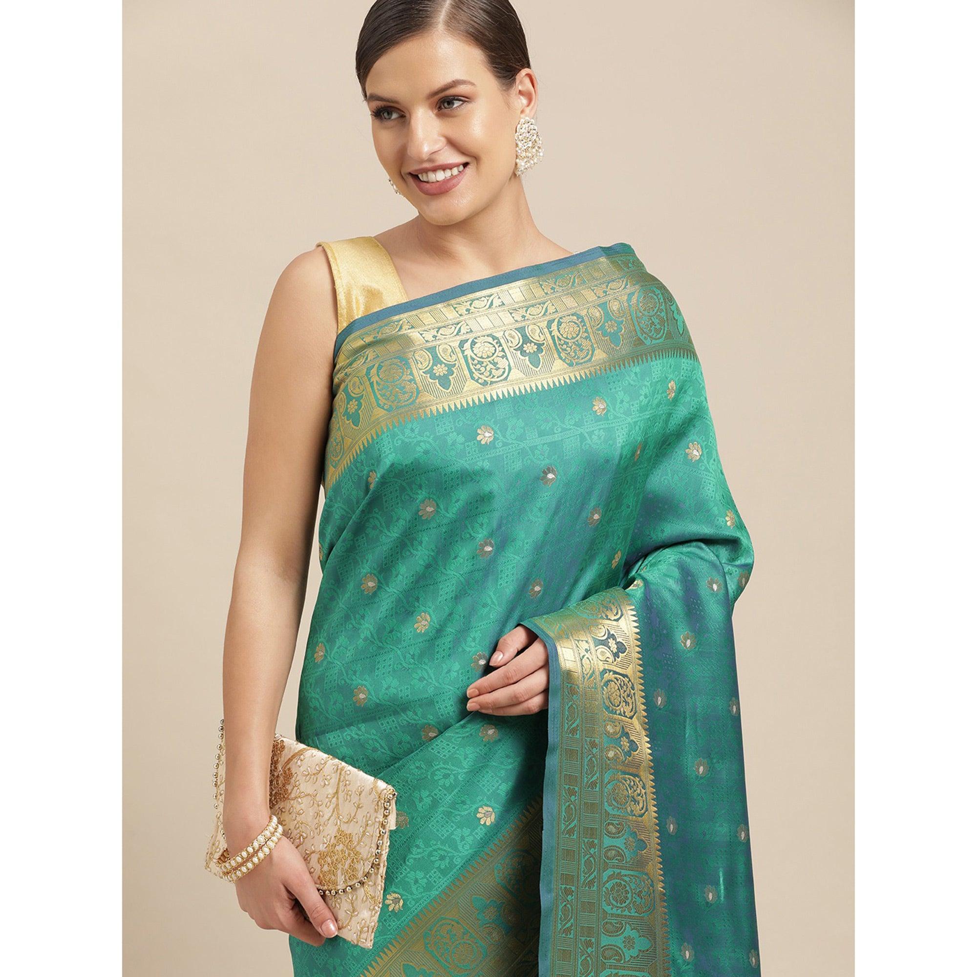 Turquoise Festive Wear Weaving Banarasi Silk Saree - Peachmode
