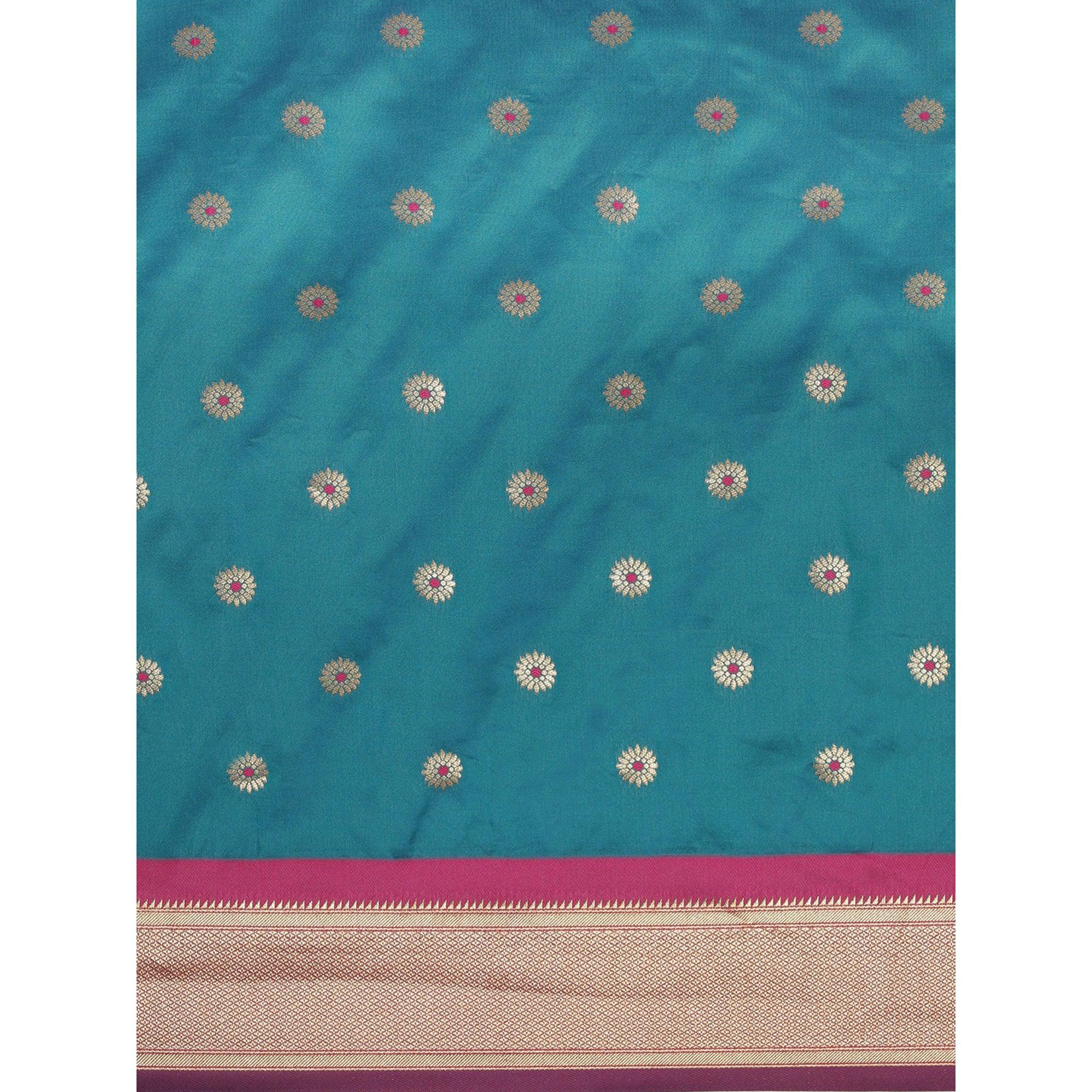 Turquoise Festive Wear Weaving Banarasi Silk Saree - Peachmode