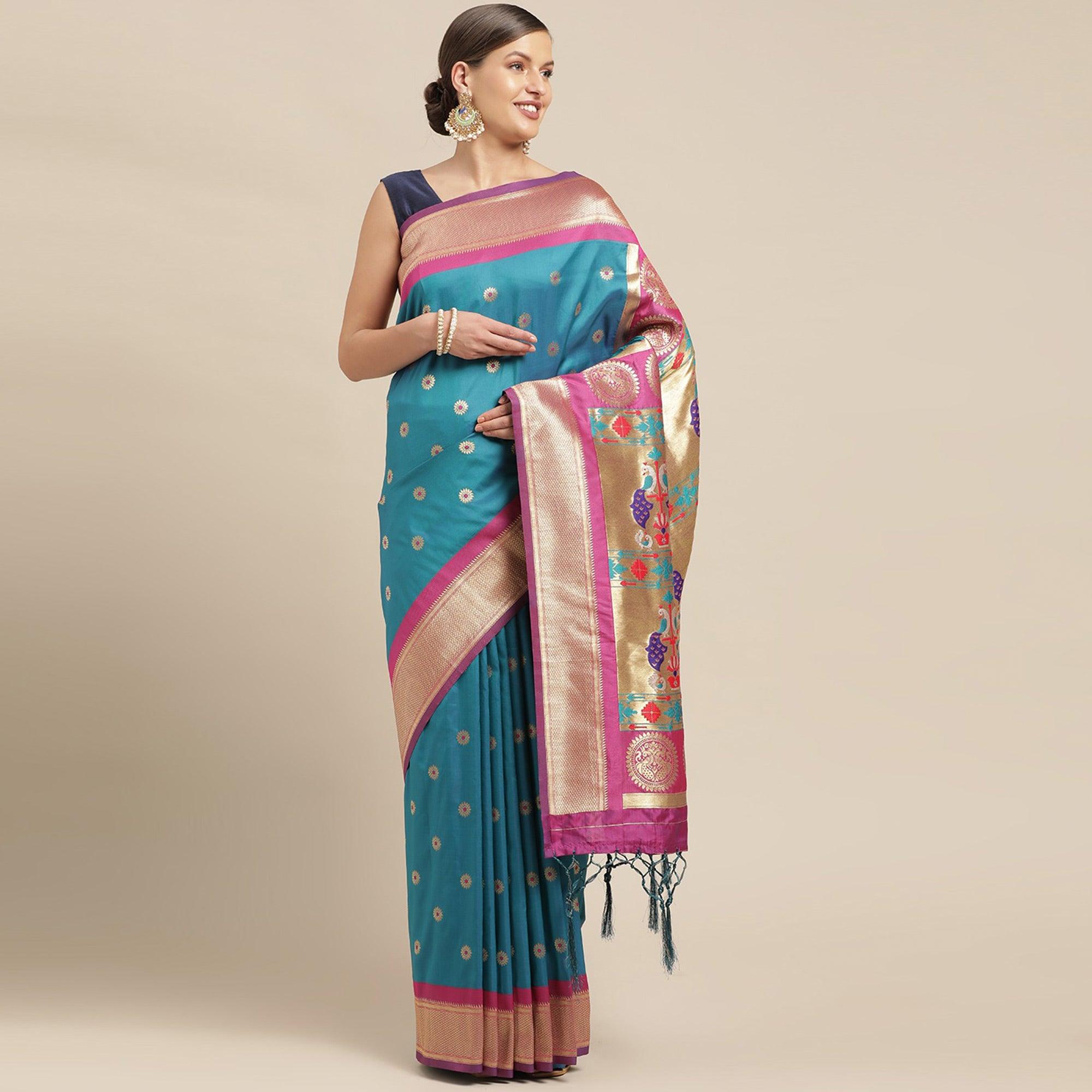 Turquoise Festive Wear Weaving Banarasi Silk Saree - Peachmode