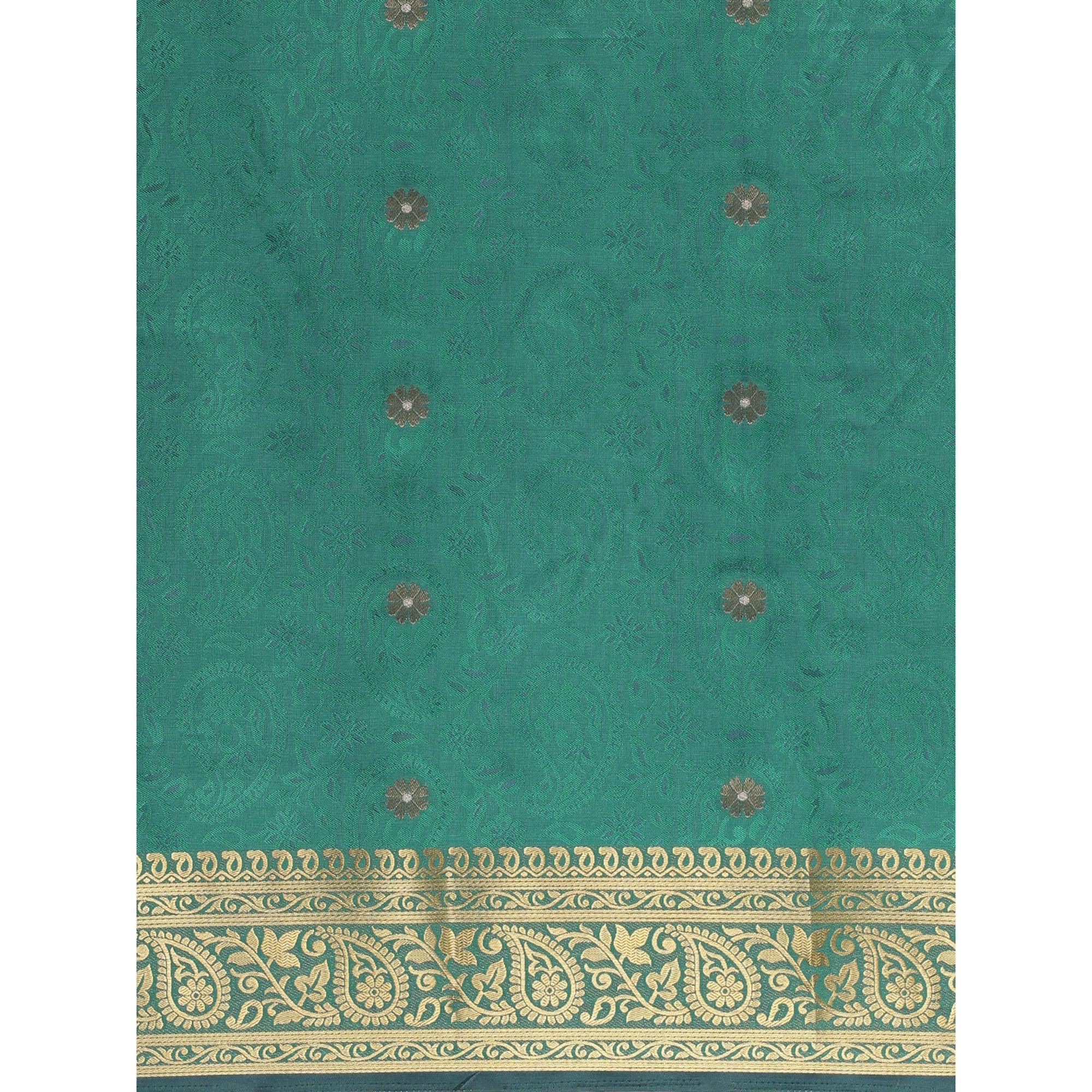 Turquoise Festive Wear Weaving Banarasi Silk Saree - Peachmode