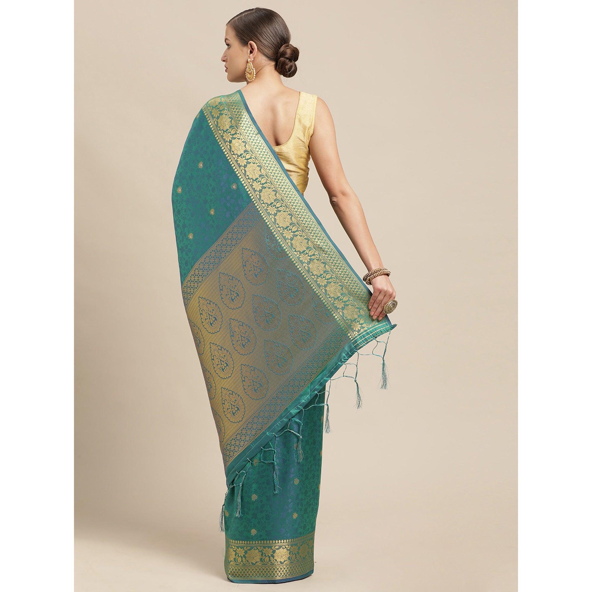 Turquoise Festive Wear Weaving Banarasi Silk Saree - Peachmode