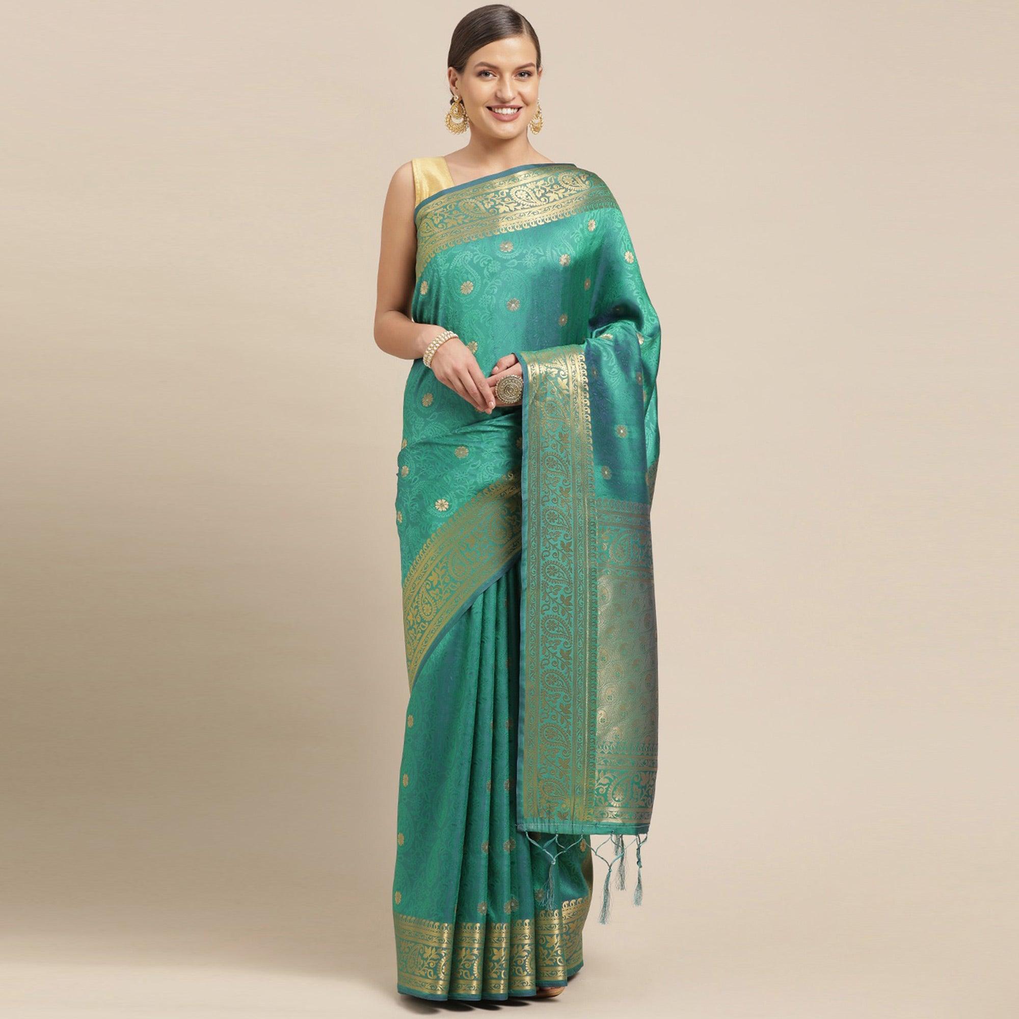 Turquoise Festive Wear Weaving Banarasi Silk Saree - Peachmode