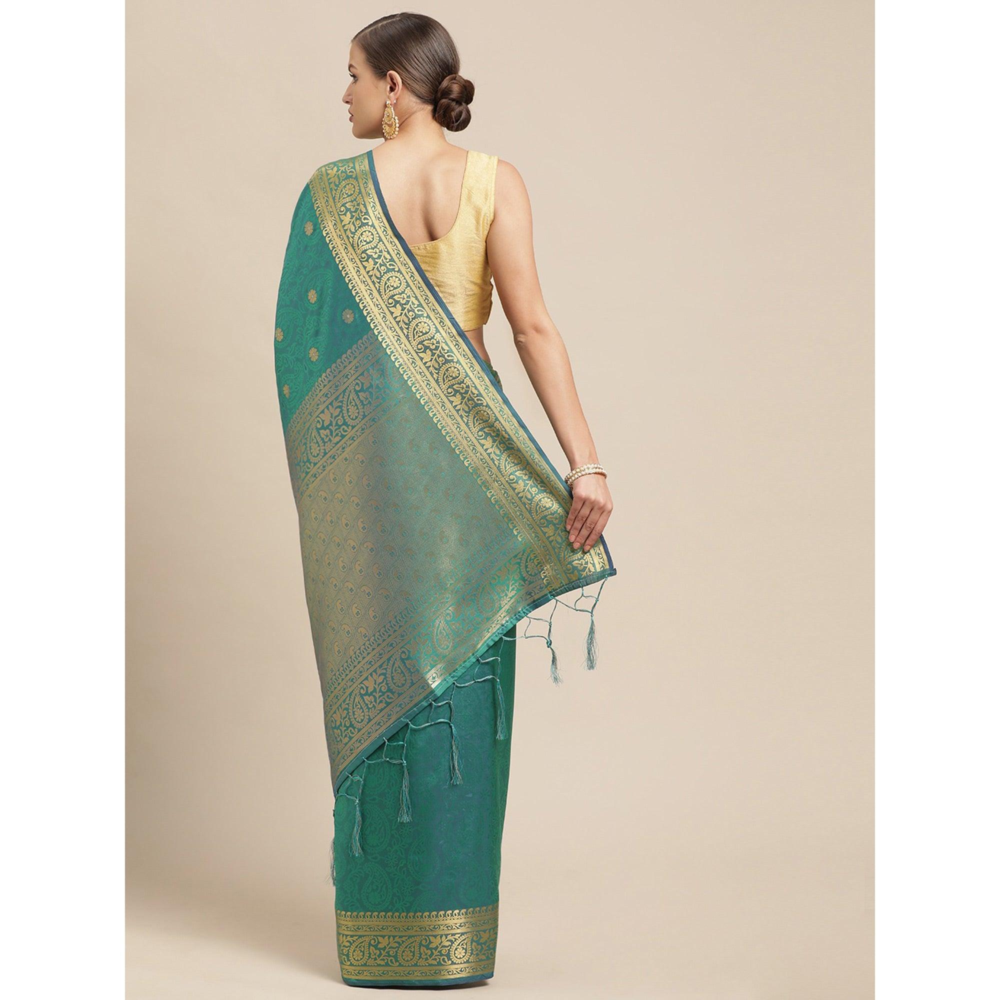 Turquoise Festive Wear Weaving Banarasi Silk Saree - Peachmode