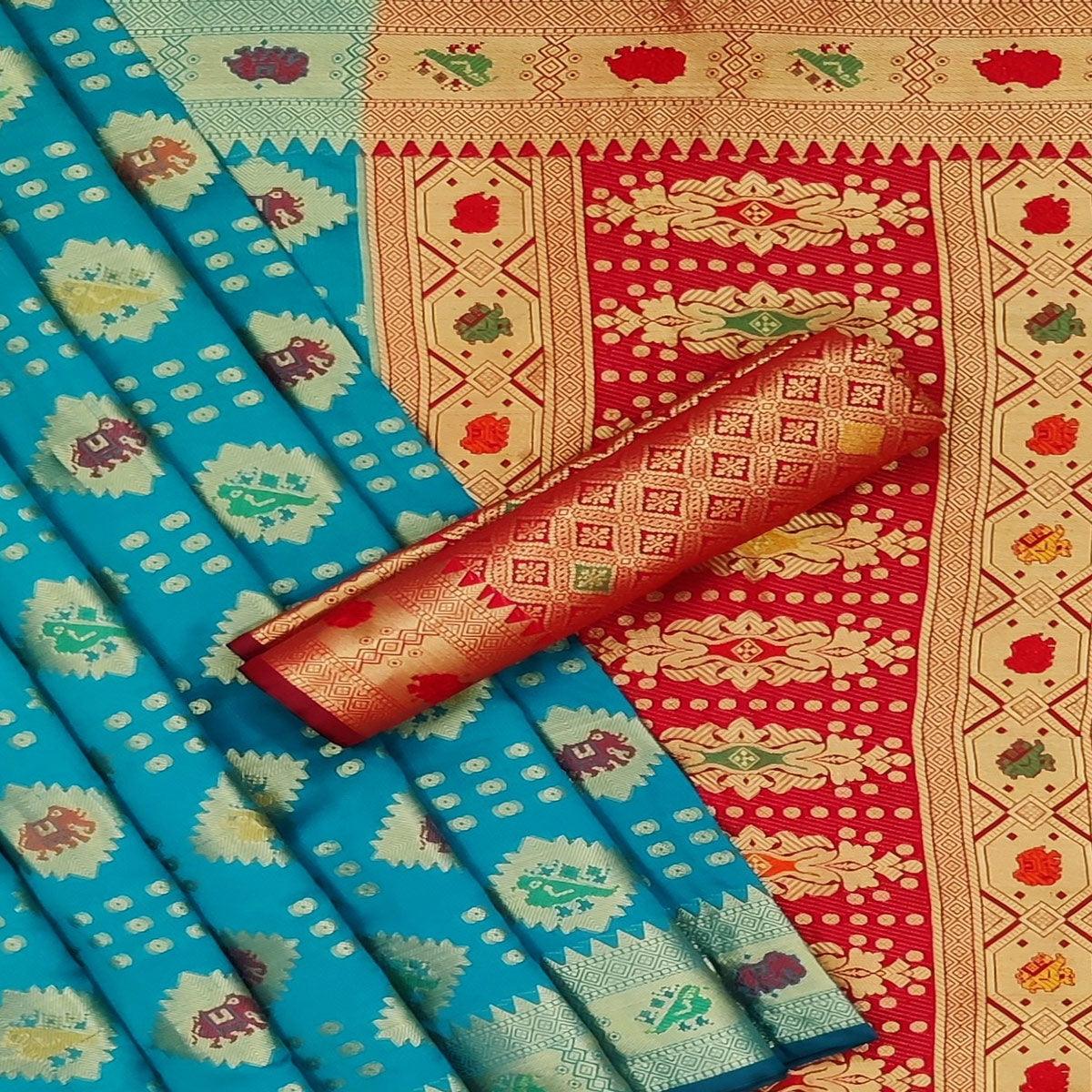 Turquoise Festive Wear Weaving Silk Saree - Peachmode