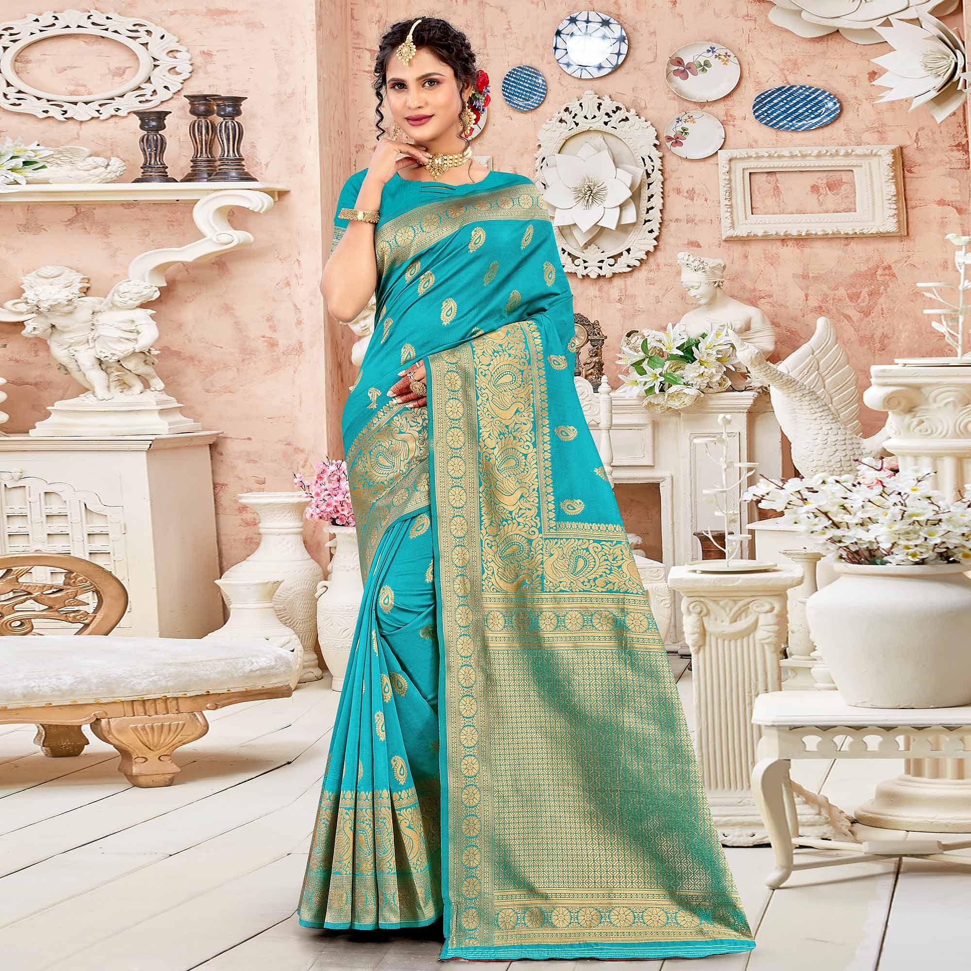 Turquoise Festive Wear Woven Art Silk Sare - Peachmode
