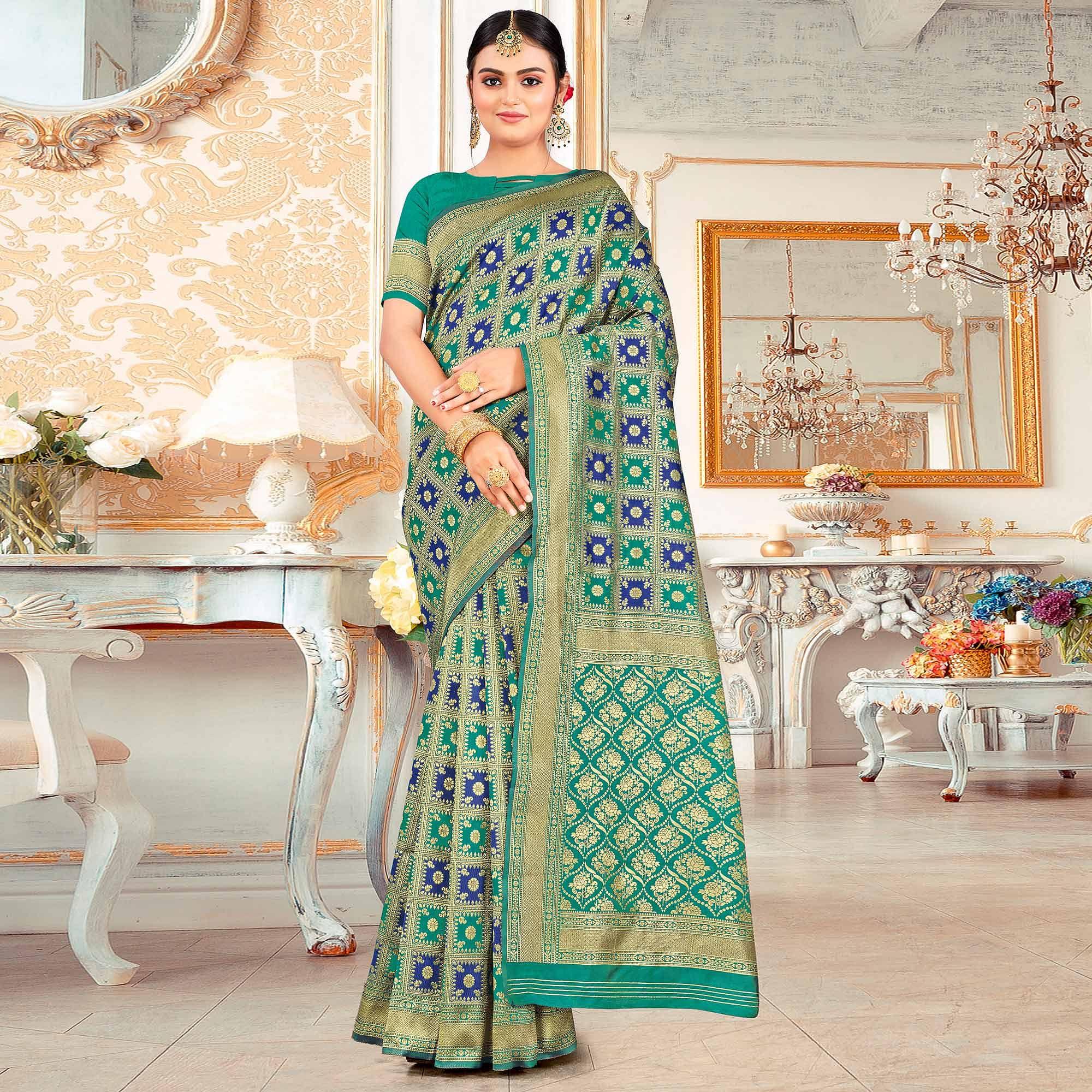 Turquoise Festive Wear Woven Art Silk Saree - Peachmode