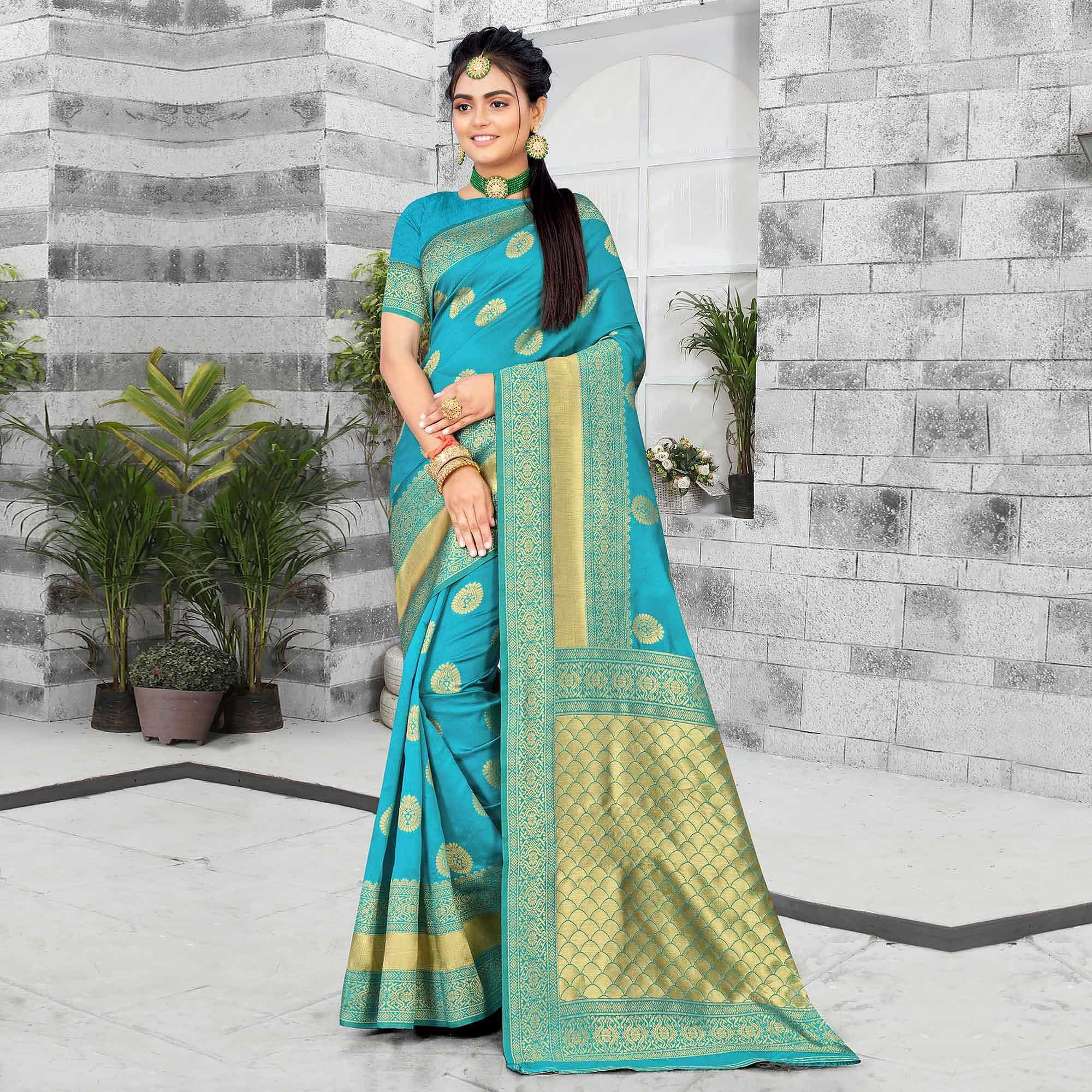 Turquoise Festive Wear Woven Art Silk Saree - Peachmode
