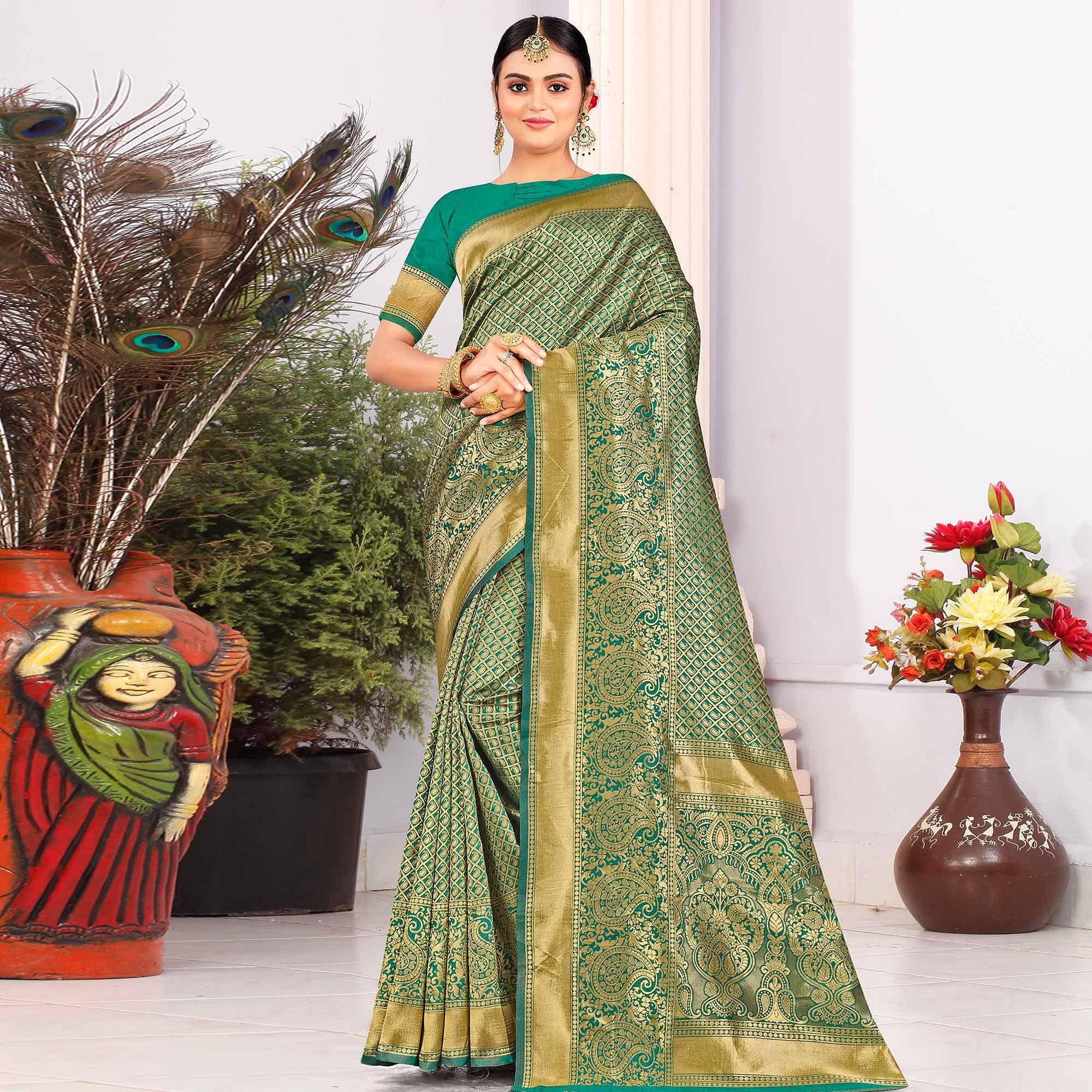 Turquoise Festive Wear Woven Art Silk Saree - Peachmode