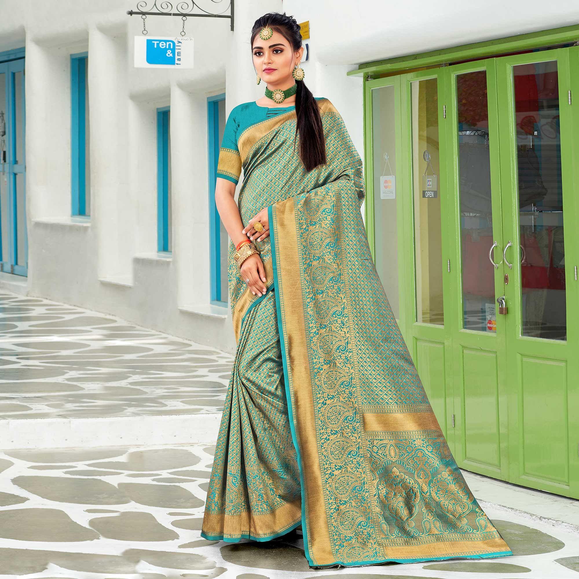 Turquoise Festive Wear Woven Art Silk Saree - Peachmode