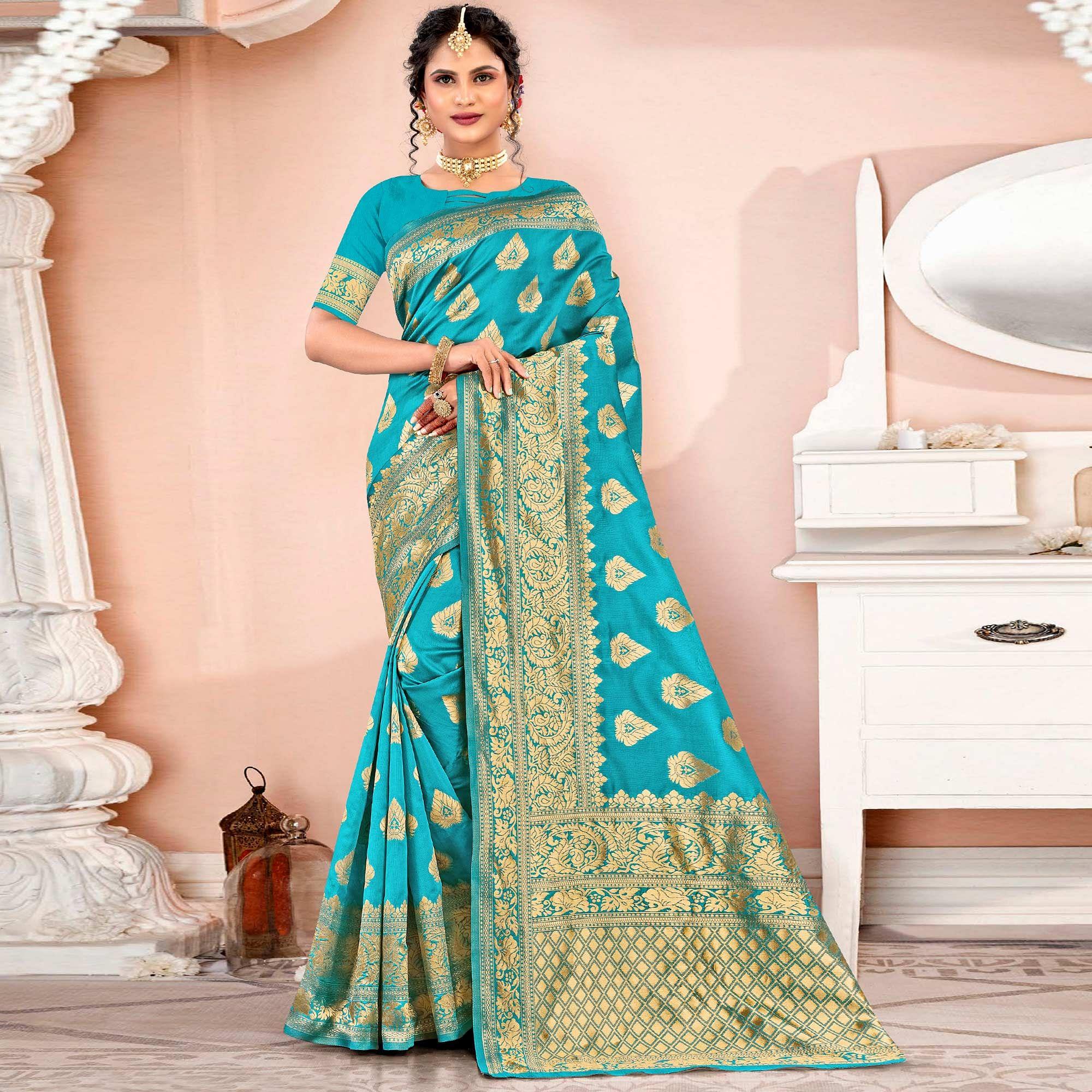 Turquoise Festive Wear Woven Art Silk Saree - Peachmode