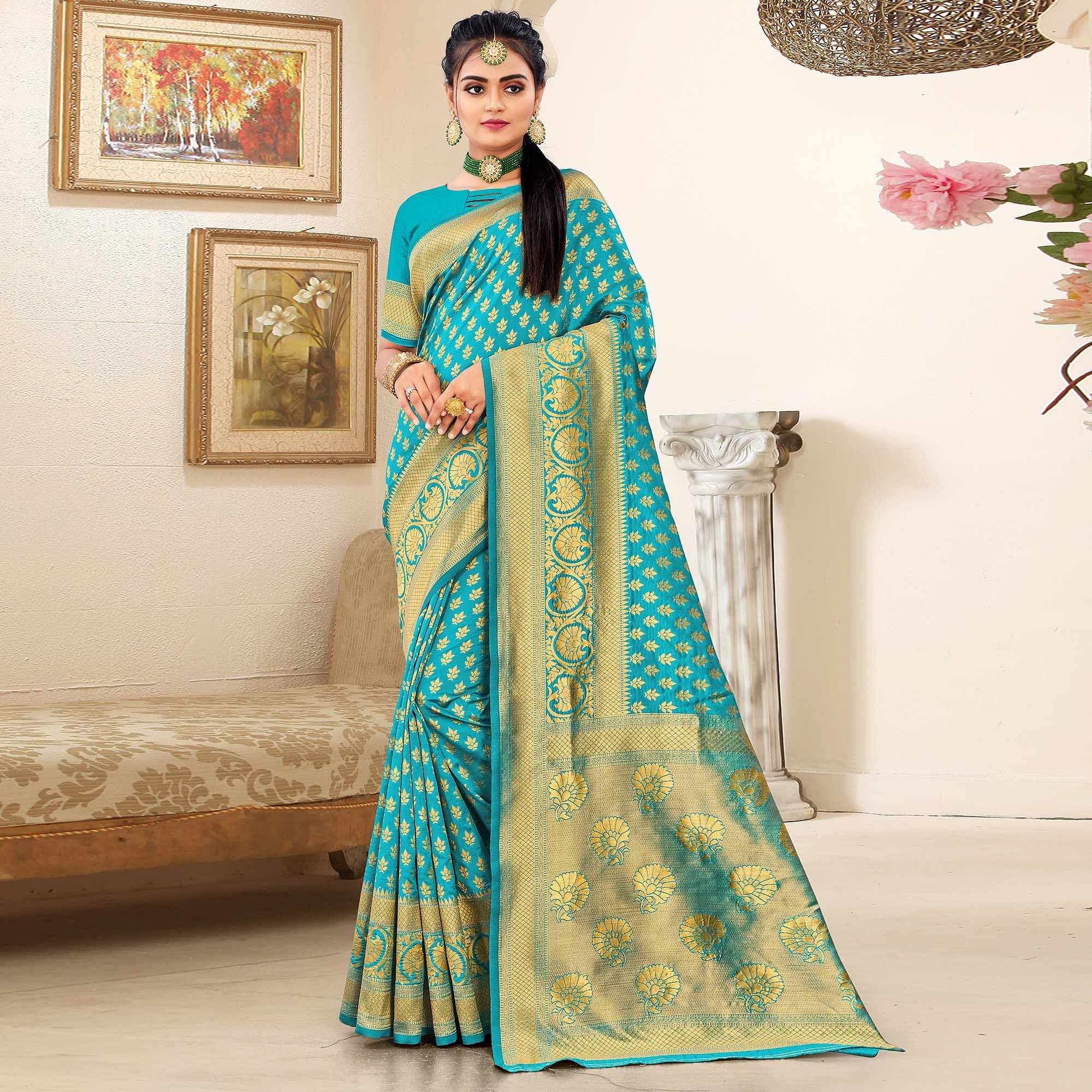 Turquoise Festive Wear Woven Art Silk Saree - Peachmode