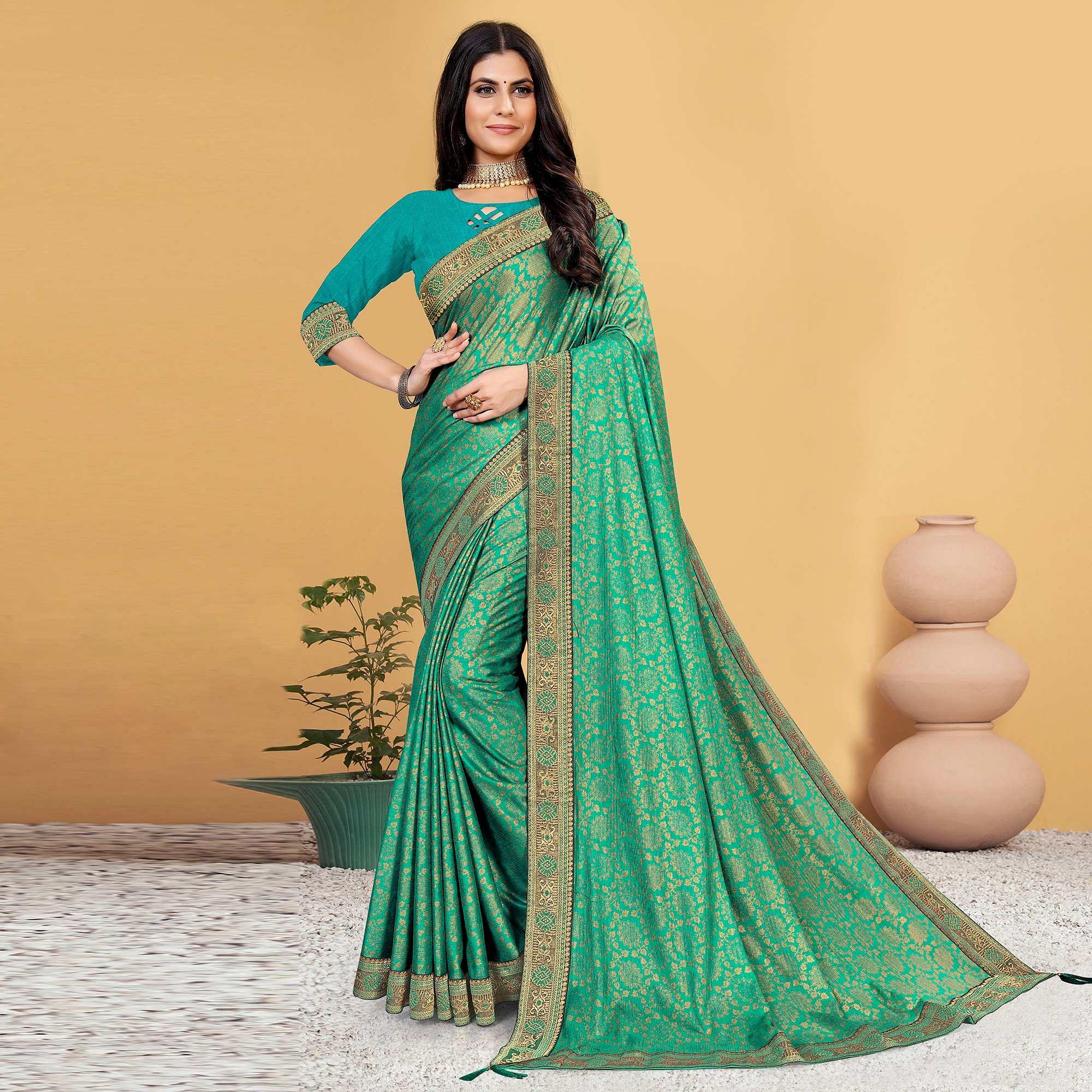 Turquoise Festive Wear Woven Art Silk Saree - Peachmode