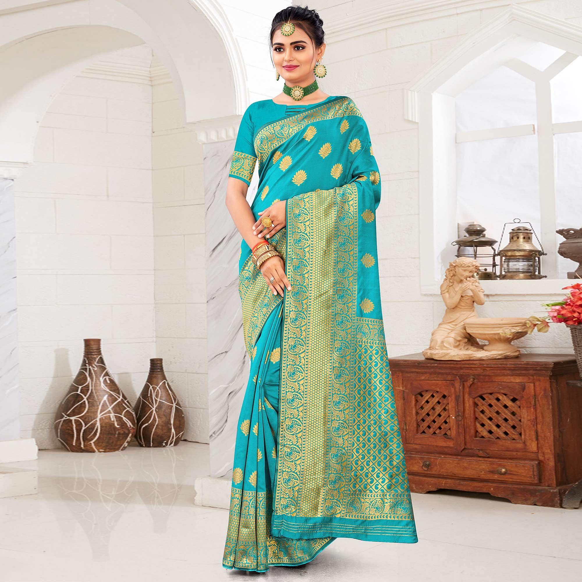 Turquoise Festive Wear Woven Art Silk Saree - Peachmode