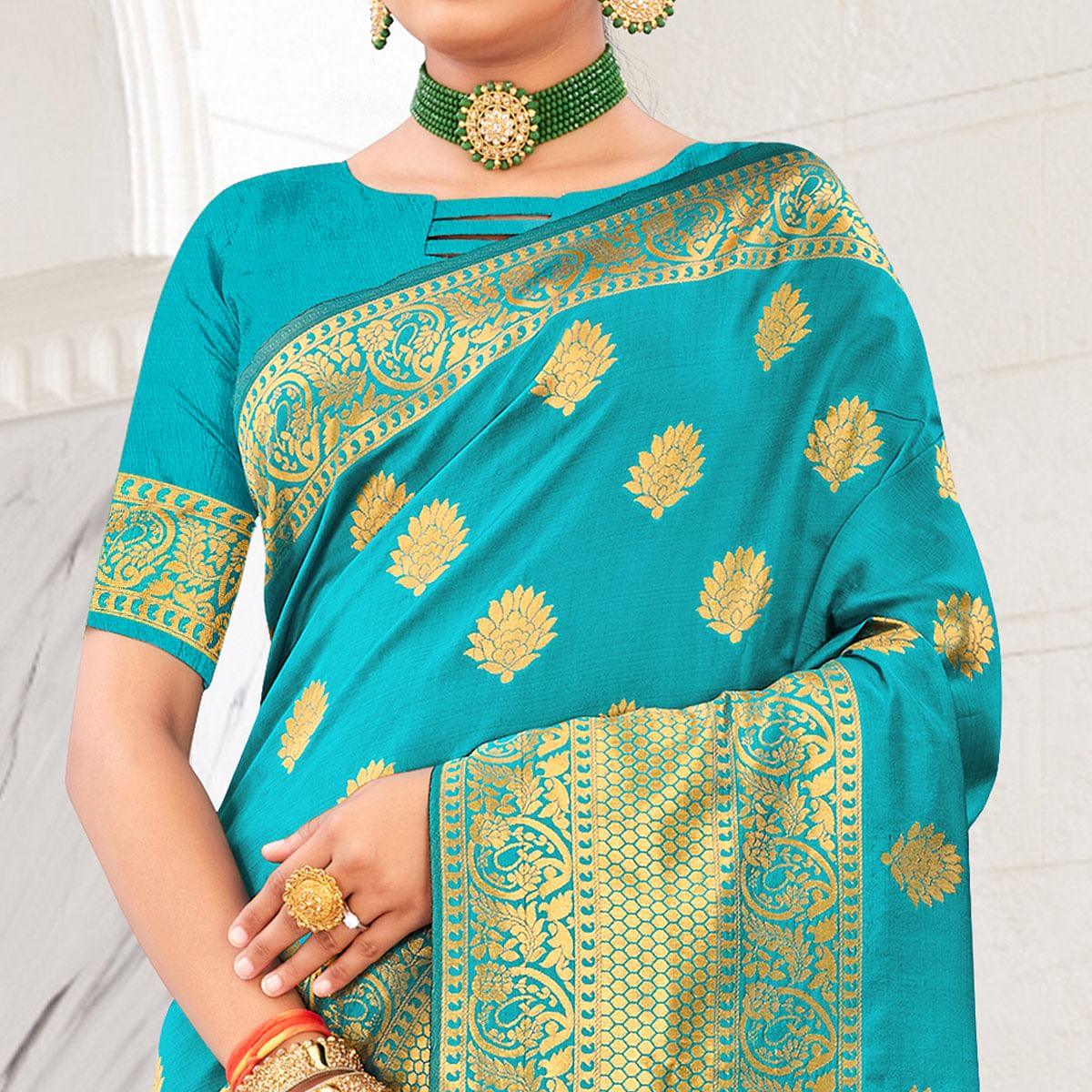 Turquoise Festive Wear Woven Art Silk Saree - Peachmode