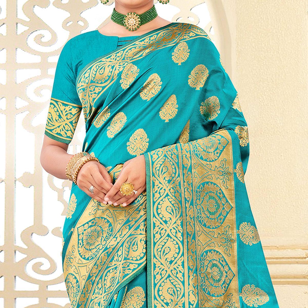 Turquoise Festive Wear Woven Art Silk Saree - Peachmode