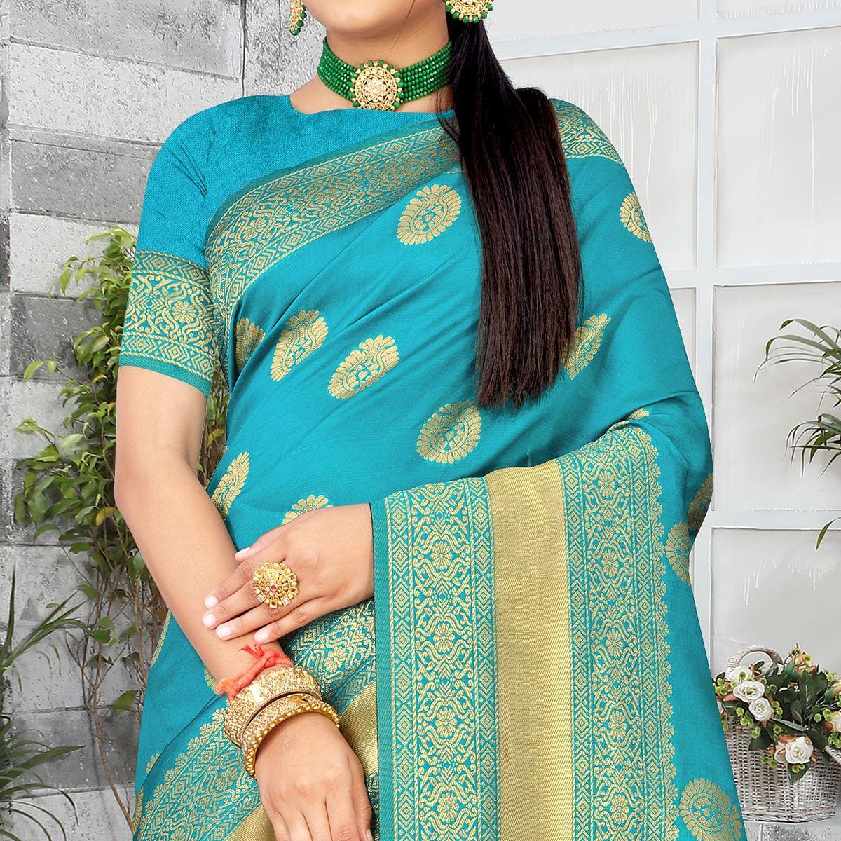 Turquoise Festive Wear Woven Art Silk Saree - Peachmode
