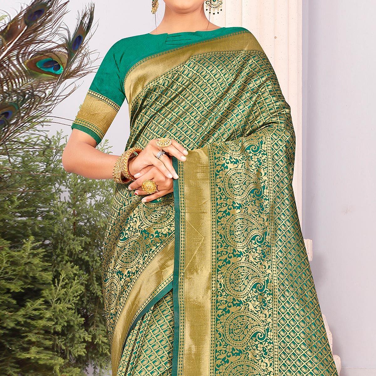 Turquoise Festive Wear Woven Art Silk Saree - Peachmode