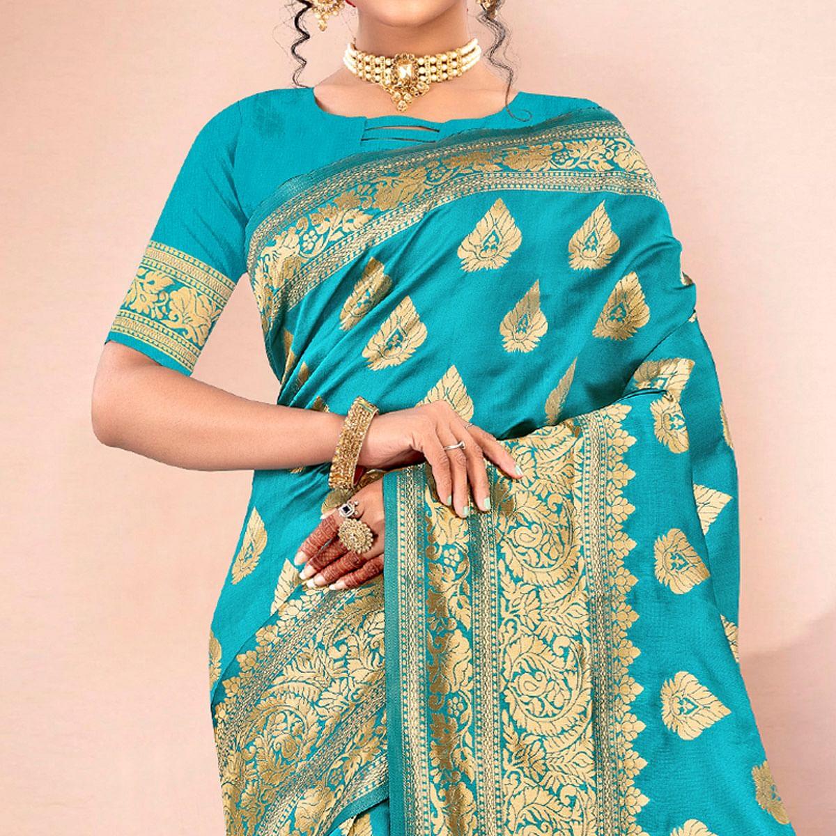 Turquoise Festive Wear Woven Art Silk Saree - Peachmode