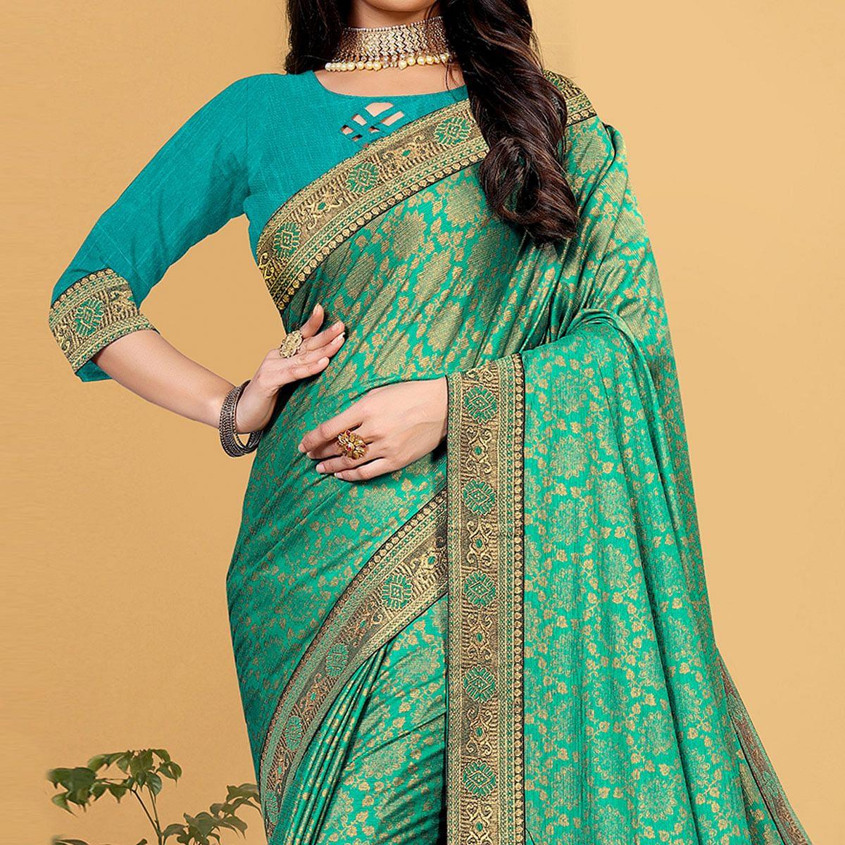 Turquoise Festive Wear Woven Art Silk Saree - Peachmode