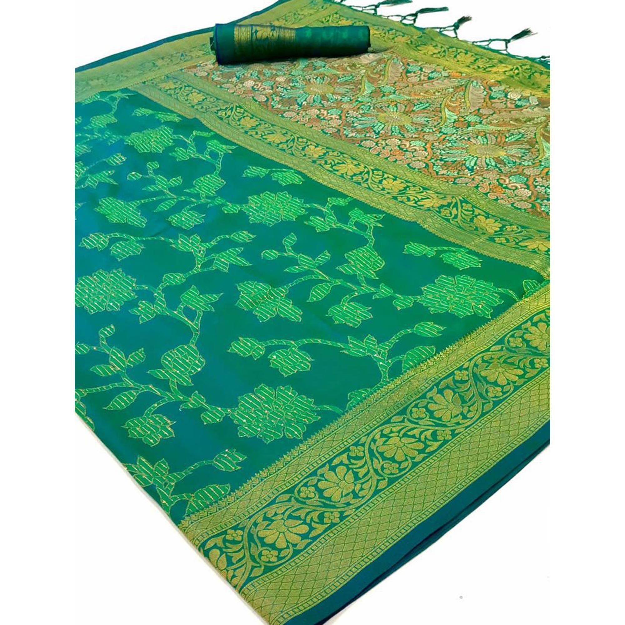 Turquoise Festive Wear Woven Art Silk Saree With Tassels - Peachmode