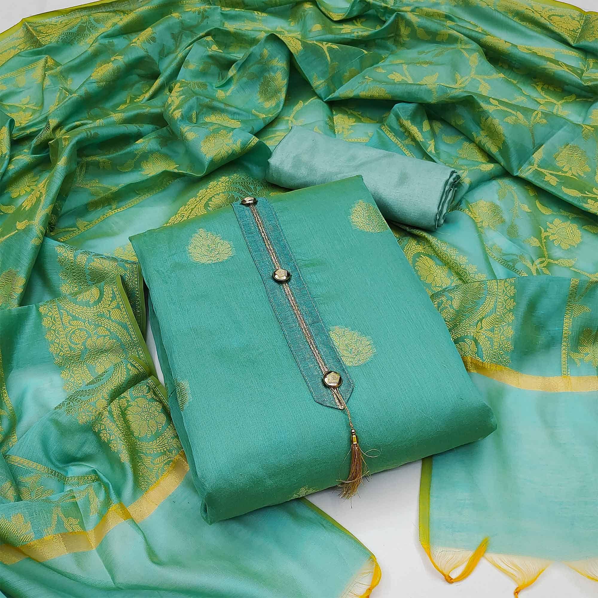 Turquoise Festive Wear Woven Banarasi Jacquard Dress Material - Peachmode
