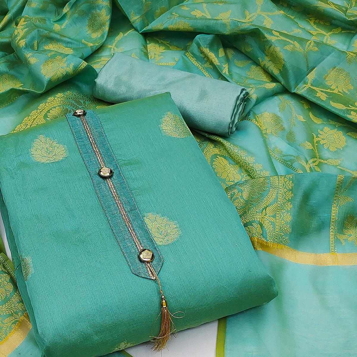 Turquoise Festive Wear Woven Banarasi Jacquard Dress Material - Peachmode