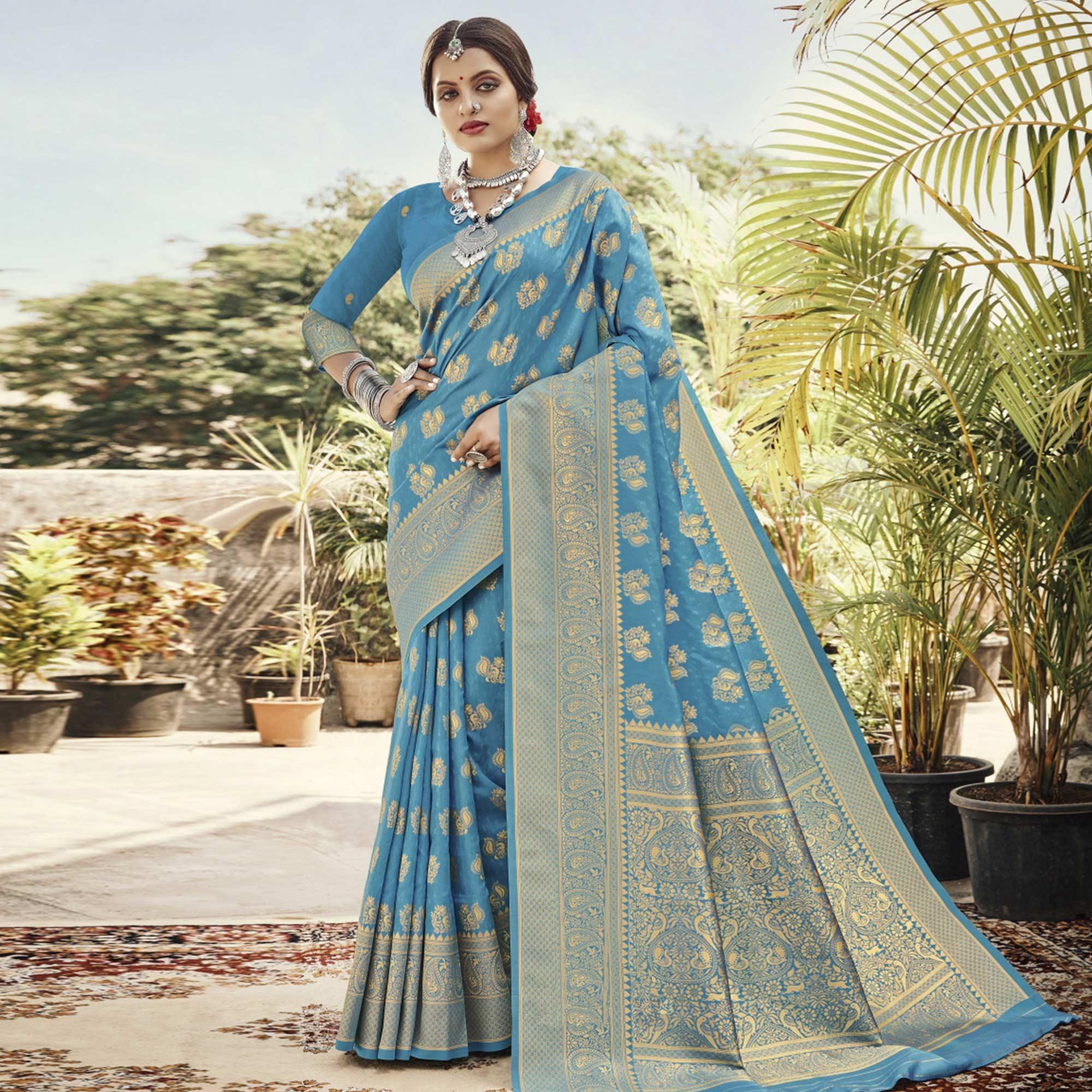 Turquoise Festive Wear Woven Banarasi Silk Saree - Peachmode