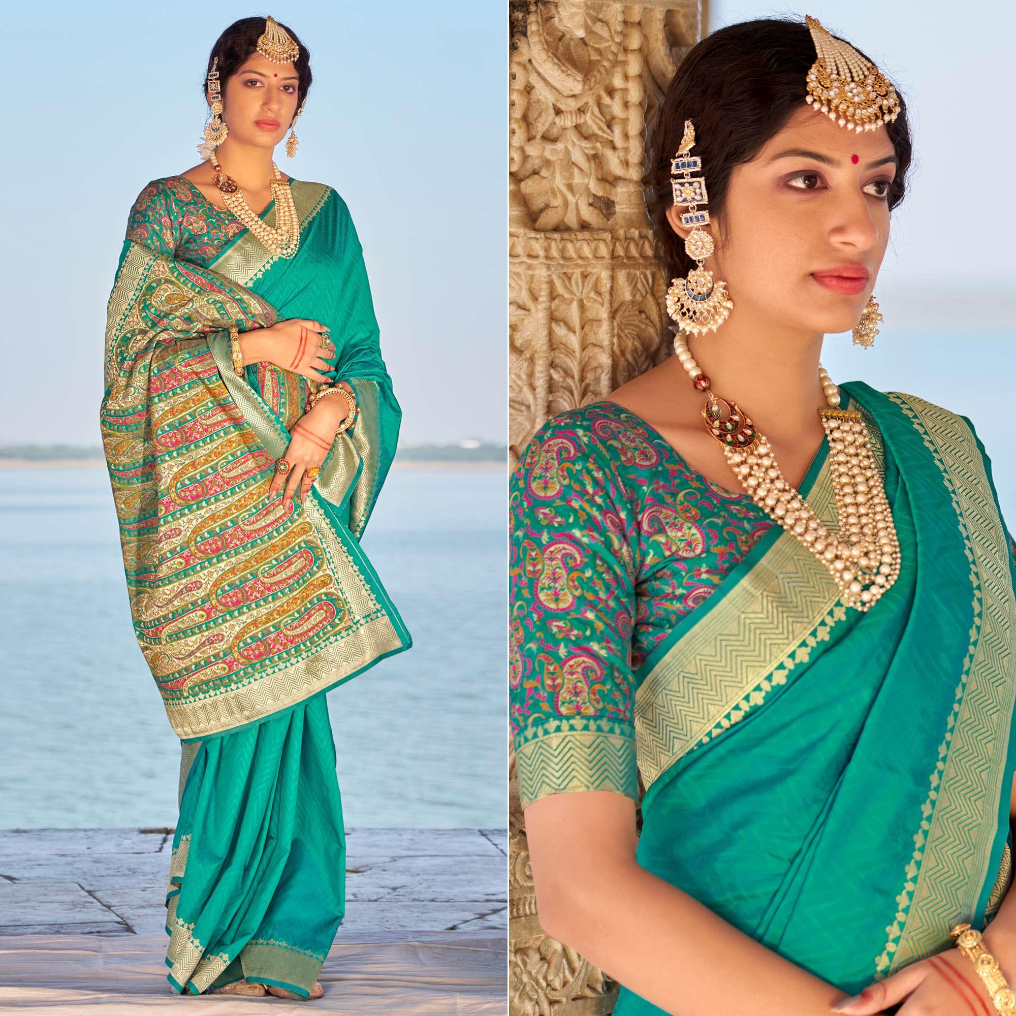 Turquoise Festive Wear Woven Banarasi Silk Saree - Peachmode
