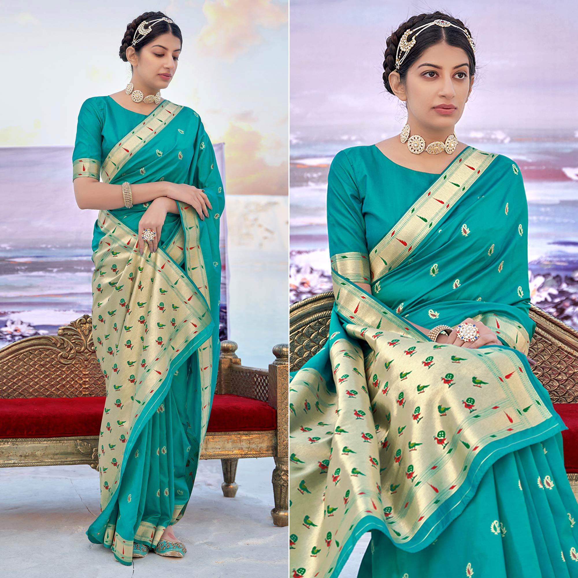 Turquoise Festive Wear Woven Banarasi Silk Saree - Peachmode
