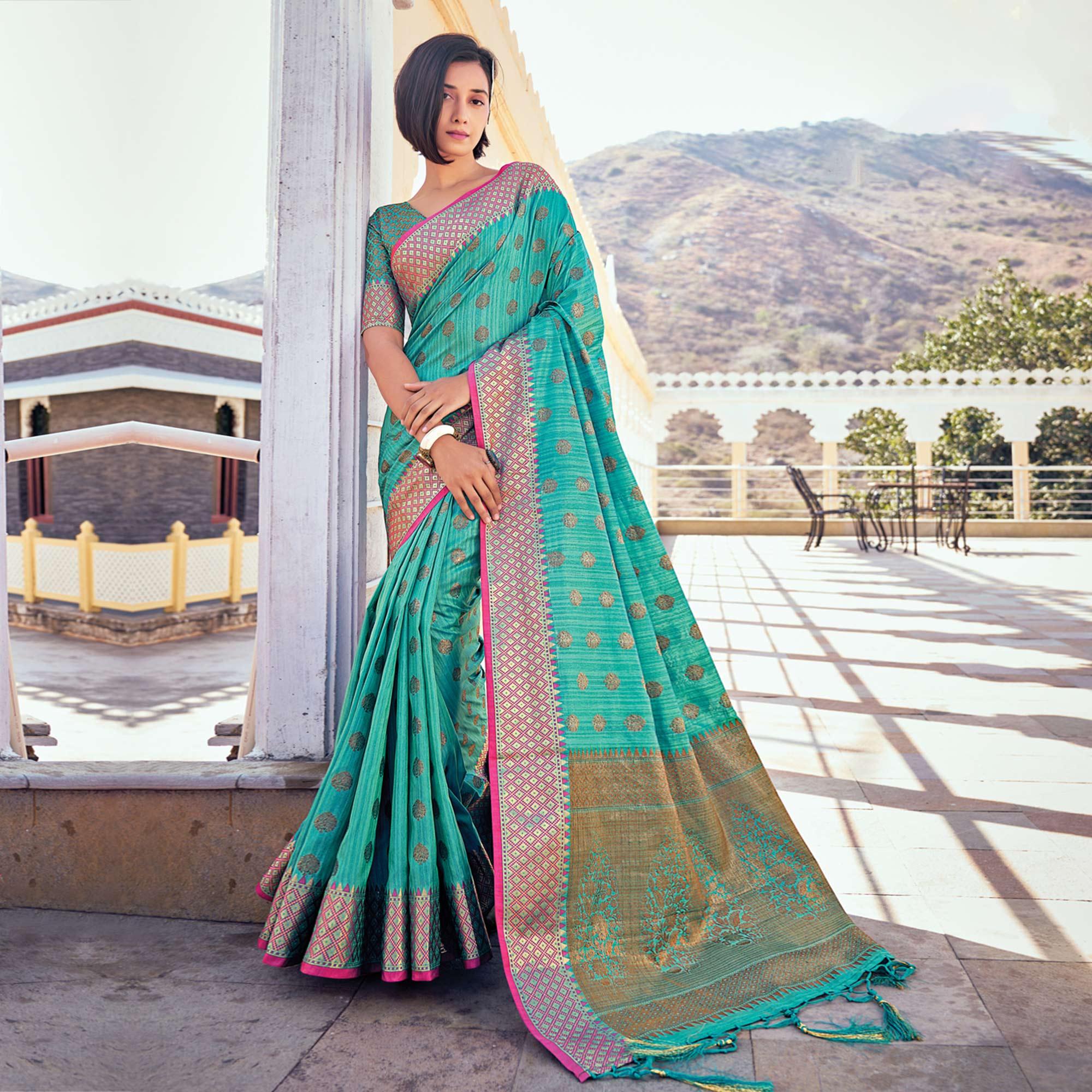 Turquoise Festive Wear Woven Banarasi Silk Saree - Peachmode