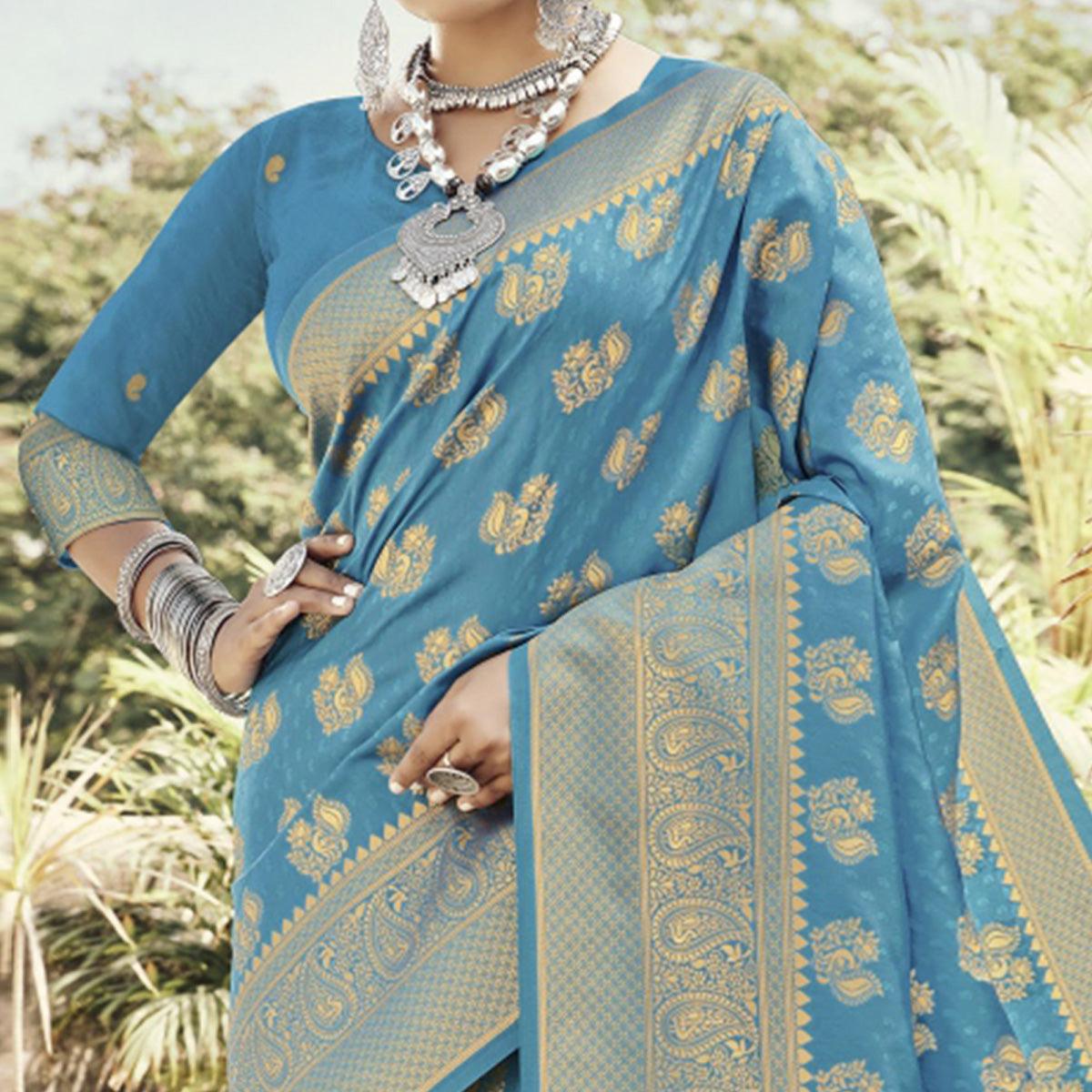 Turquoise Festive Wear Woven Banarasi Silk Saree - Peachmode