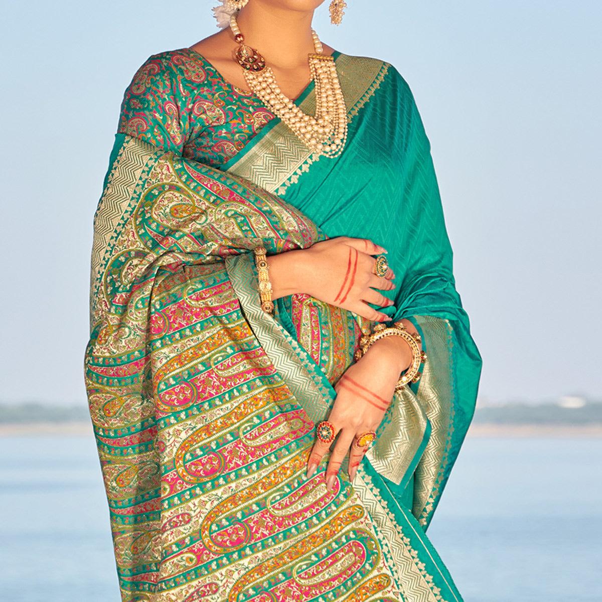 Turquoise Festive Wear Woven Banarasi Silk Saree - Peachmode