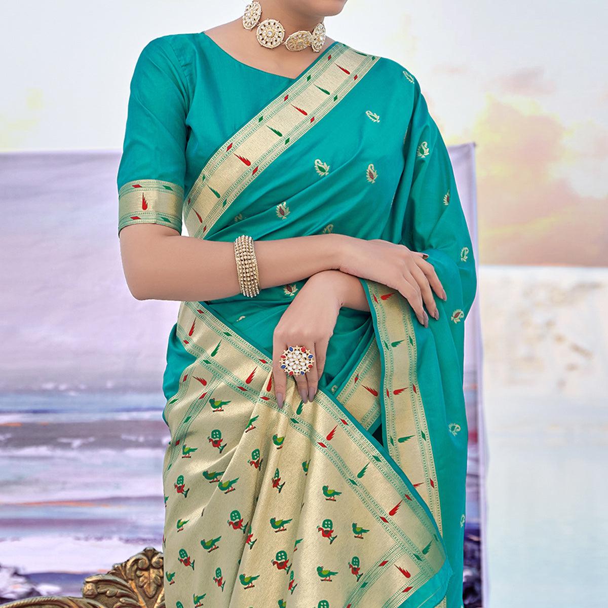 Turquoise Festive Wear Woven Banarasi Silk Saree - Peachmode