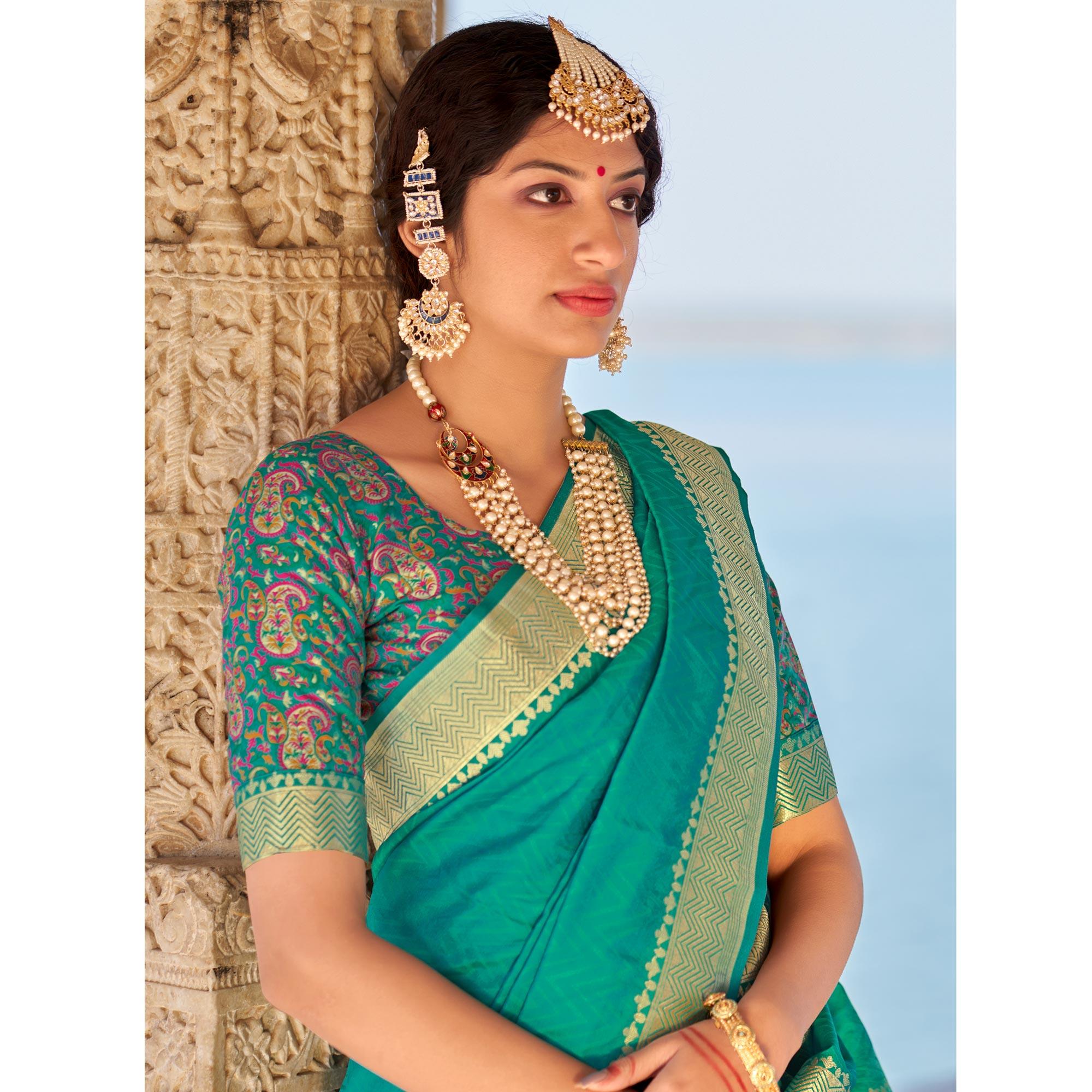 Turquoise Festive Wear Woven Banarasi Silk Saree - Peachmode
