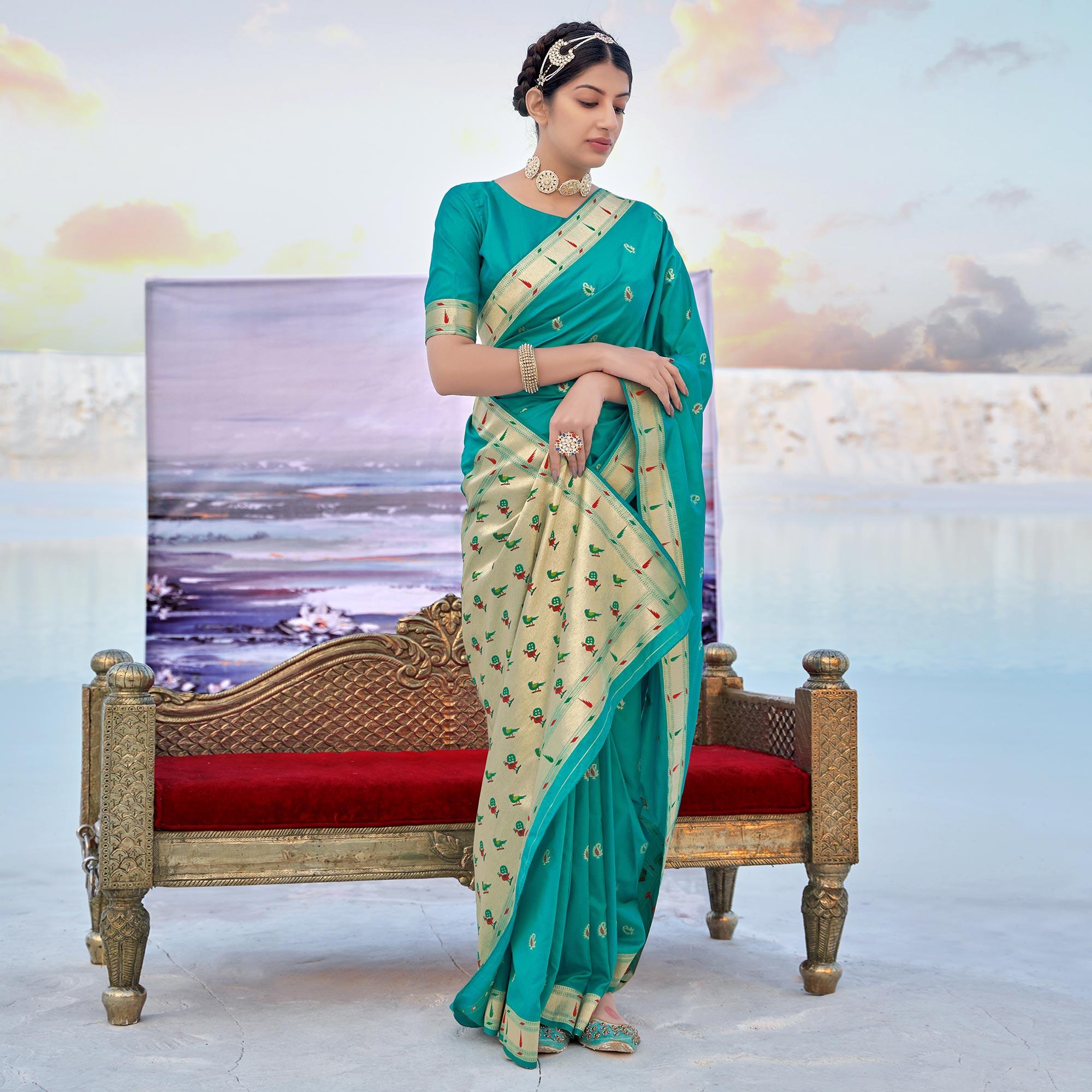 Turquoise Festive Wear Woven Banarasi Silk Saree - Peachmode