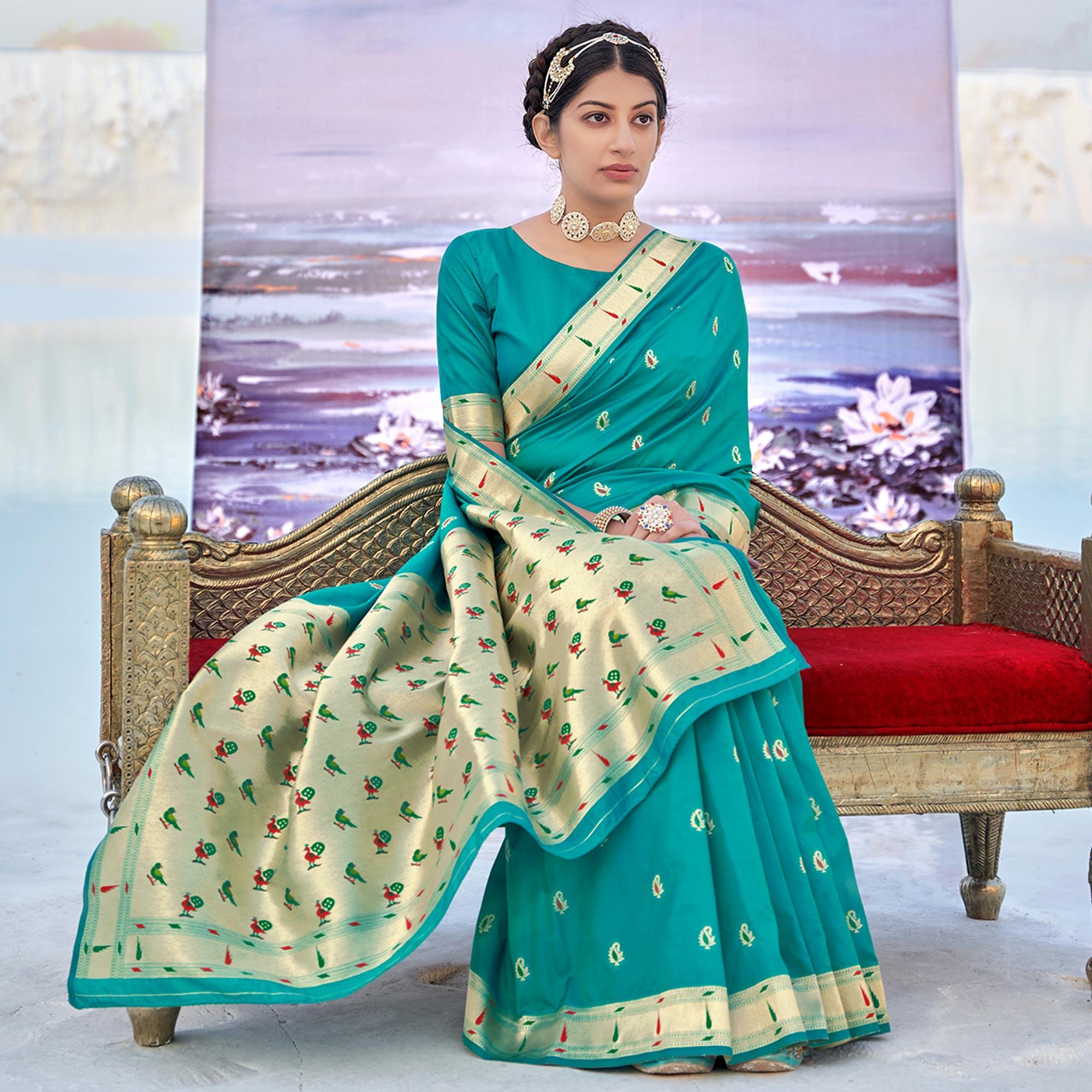 Turquoise Festive Wear Woven Banarasi Silk Saree - Peachmode