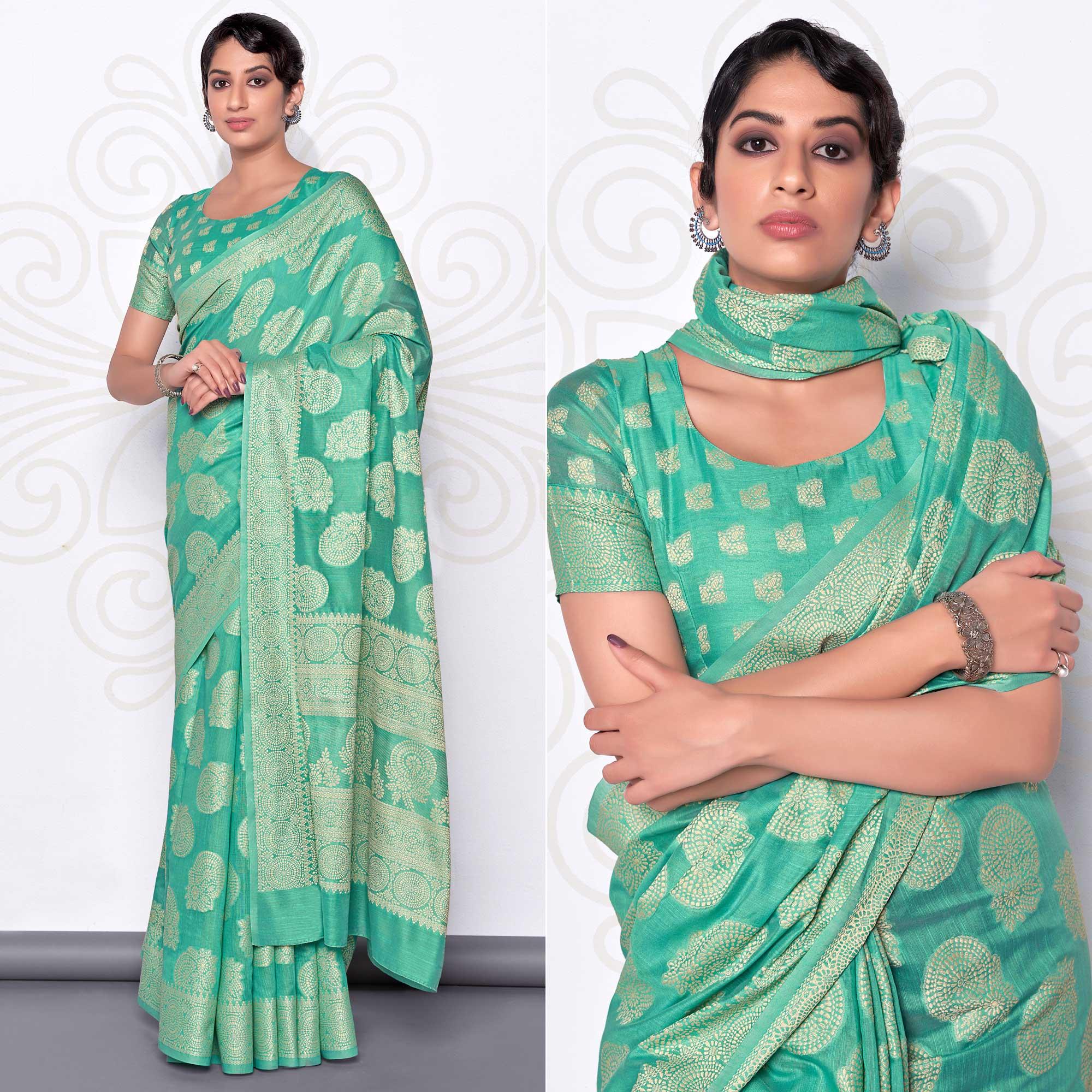 Turquoise Festive Wear Woven Cotton Saree - Peachmode