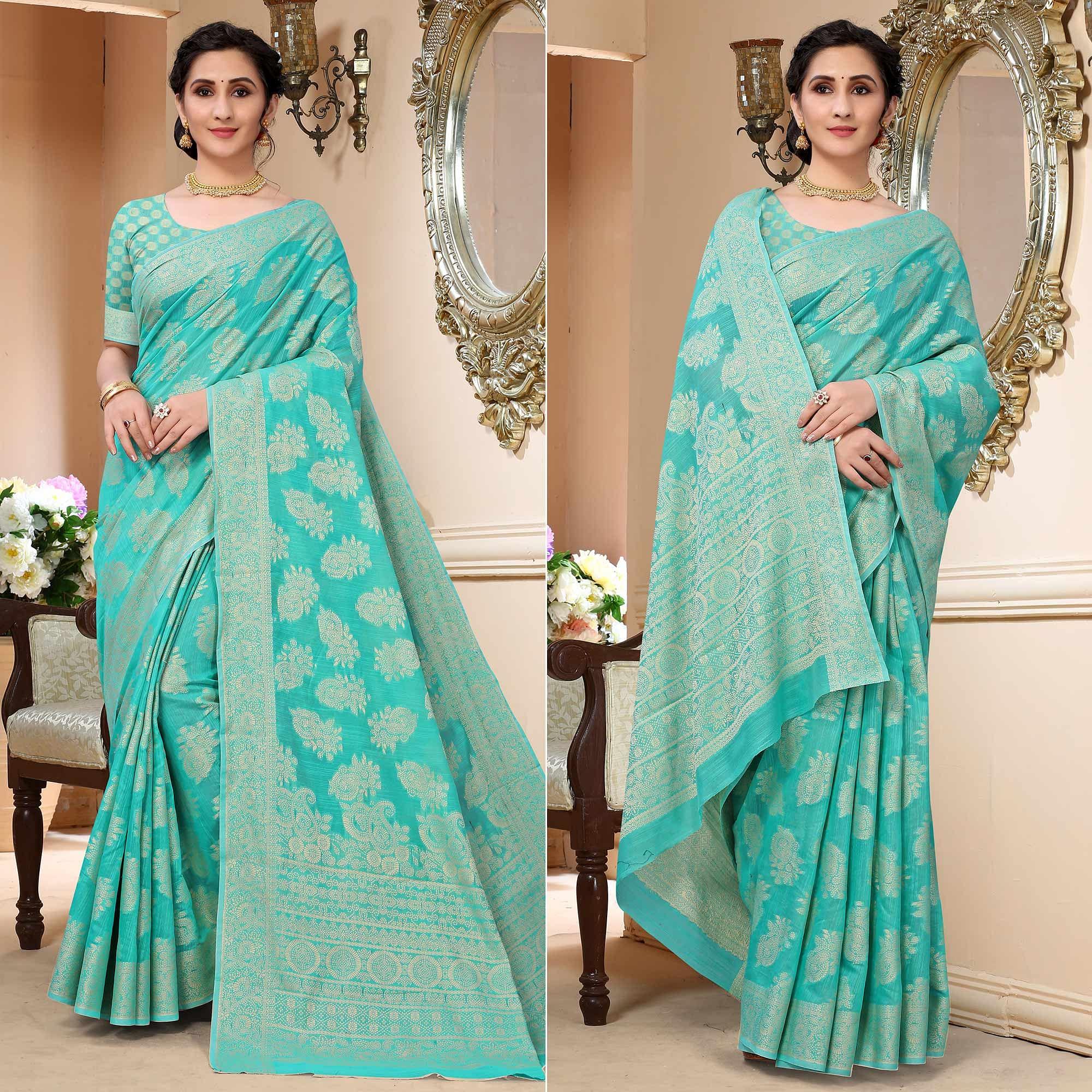 Turquoise Festive Wear Woven Cotton Saree - Peachmode