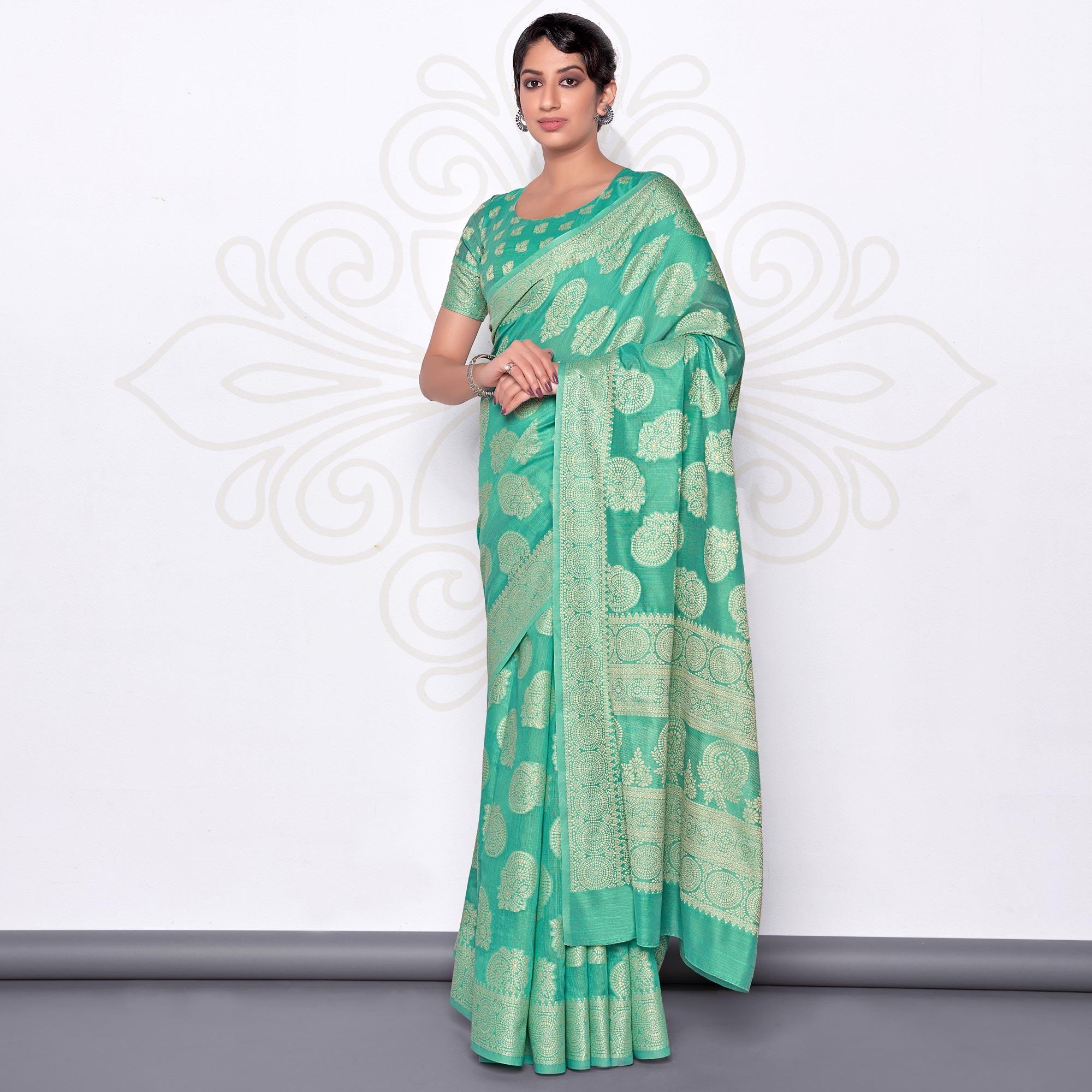 Turquoise Festive Wear Woven Cotton Saree - Peachmode