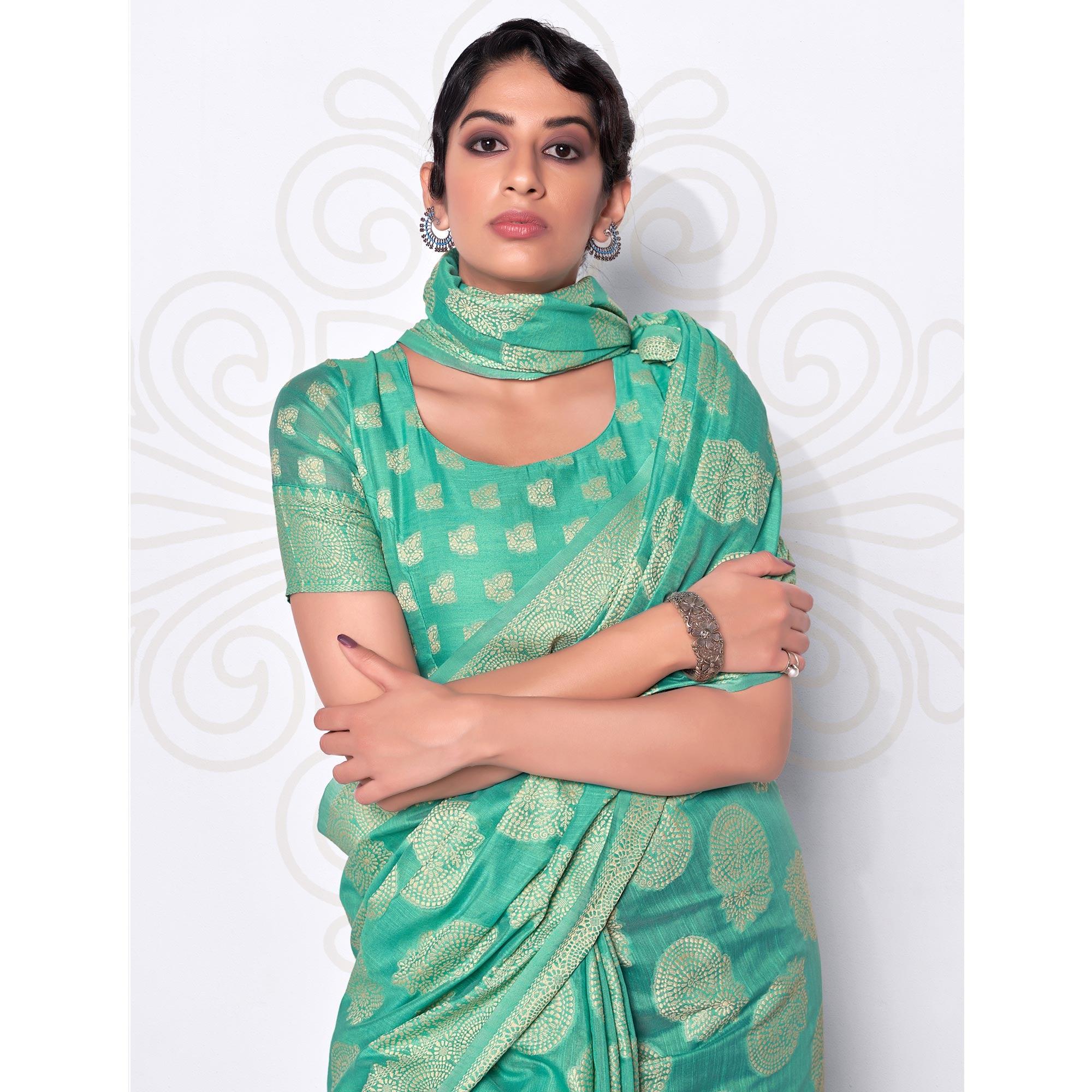 Turquoise Festive Wear Woven Cotton Saree - Peachmode